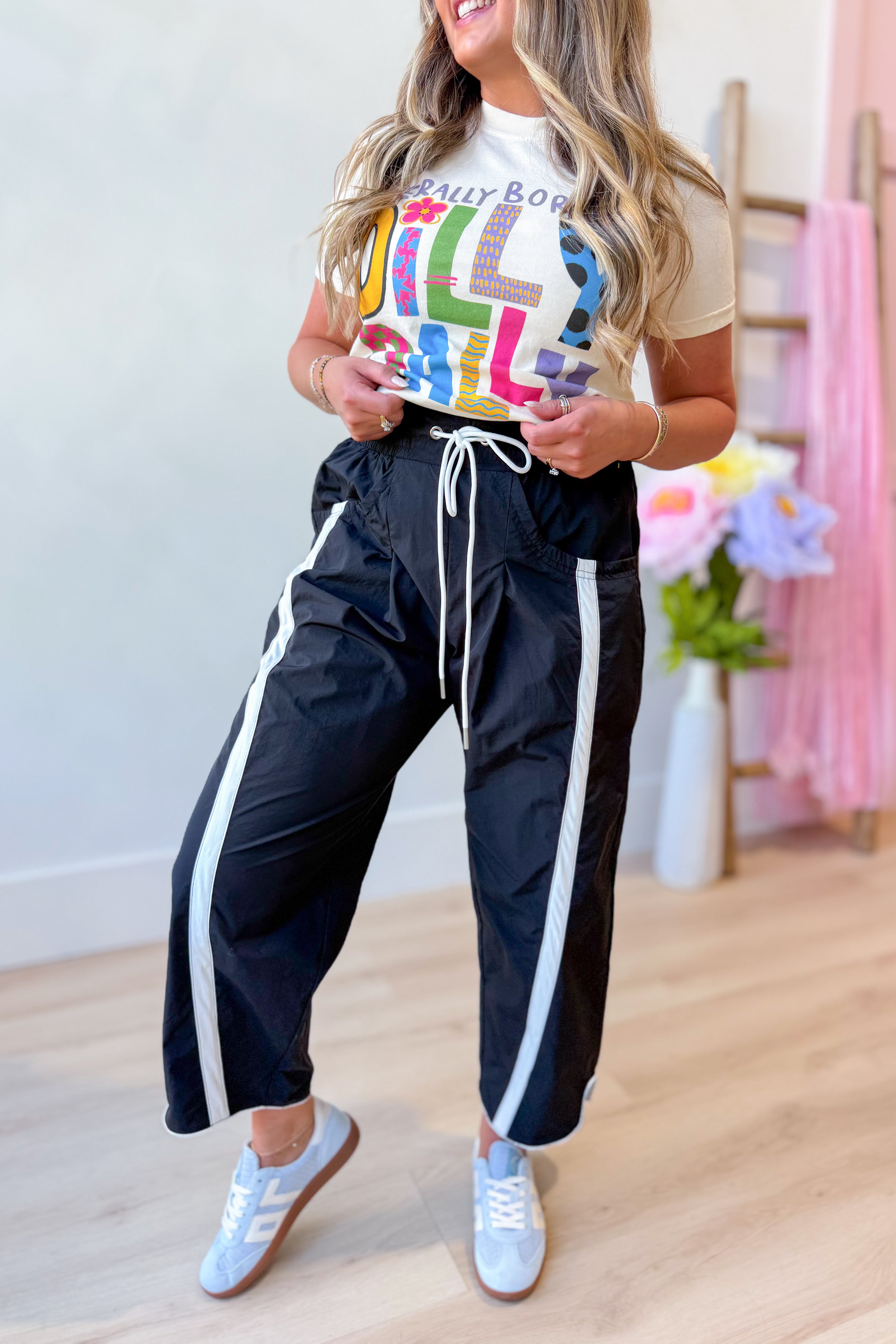 Bucket List Lenny Black Windbreaker Contrasted Stripe Pants, 156 pants, featuring stylish contrasting stripe design and comfortable fit.