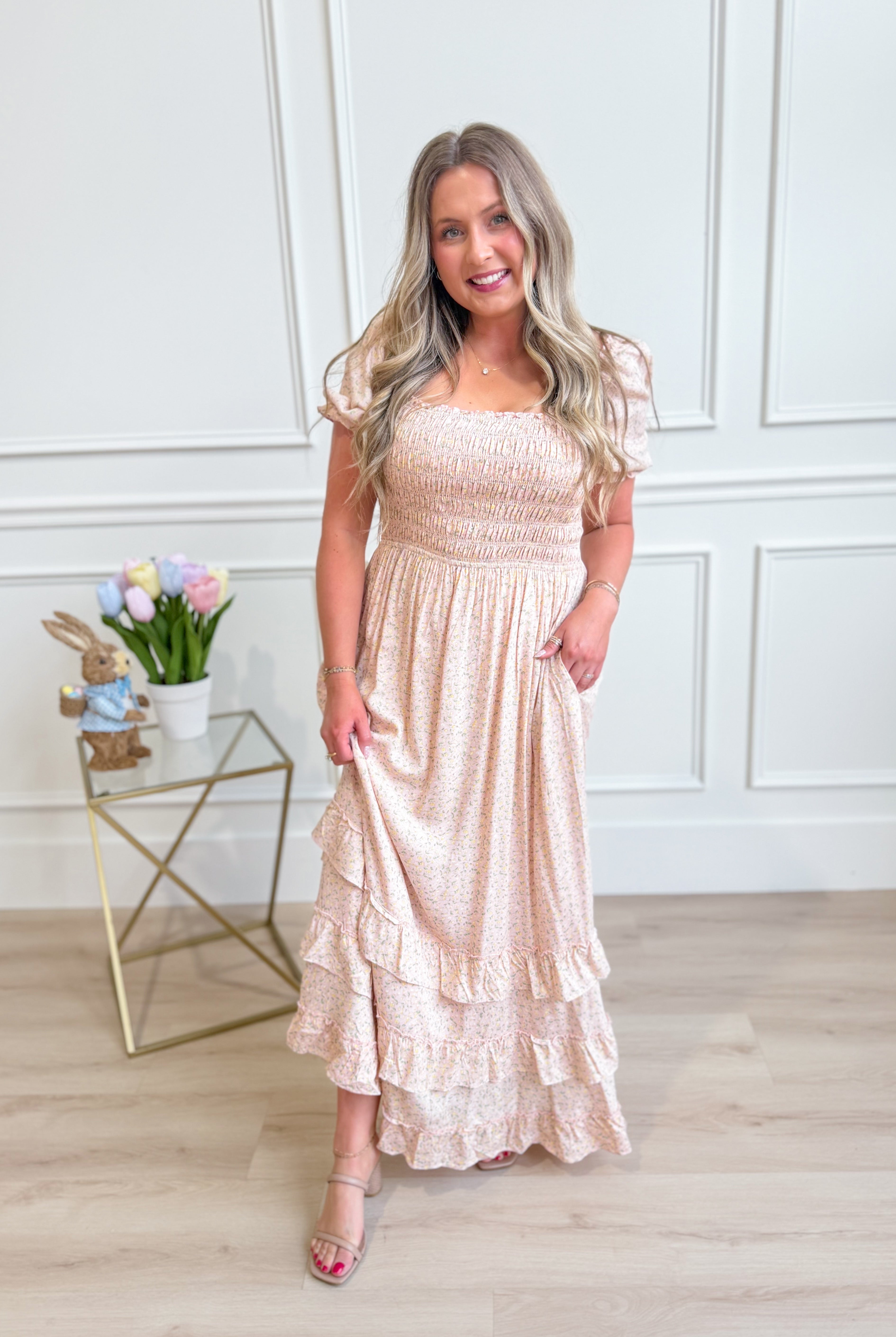 IN LOOM Luna smocked floral maxi dress with ruffled details and a flowy silhouette, perfect for dressy occasions.