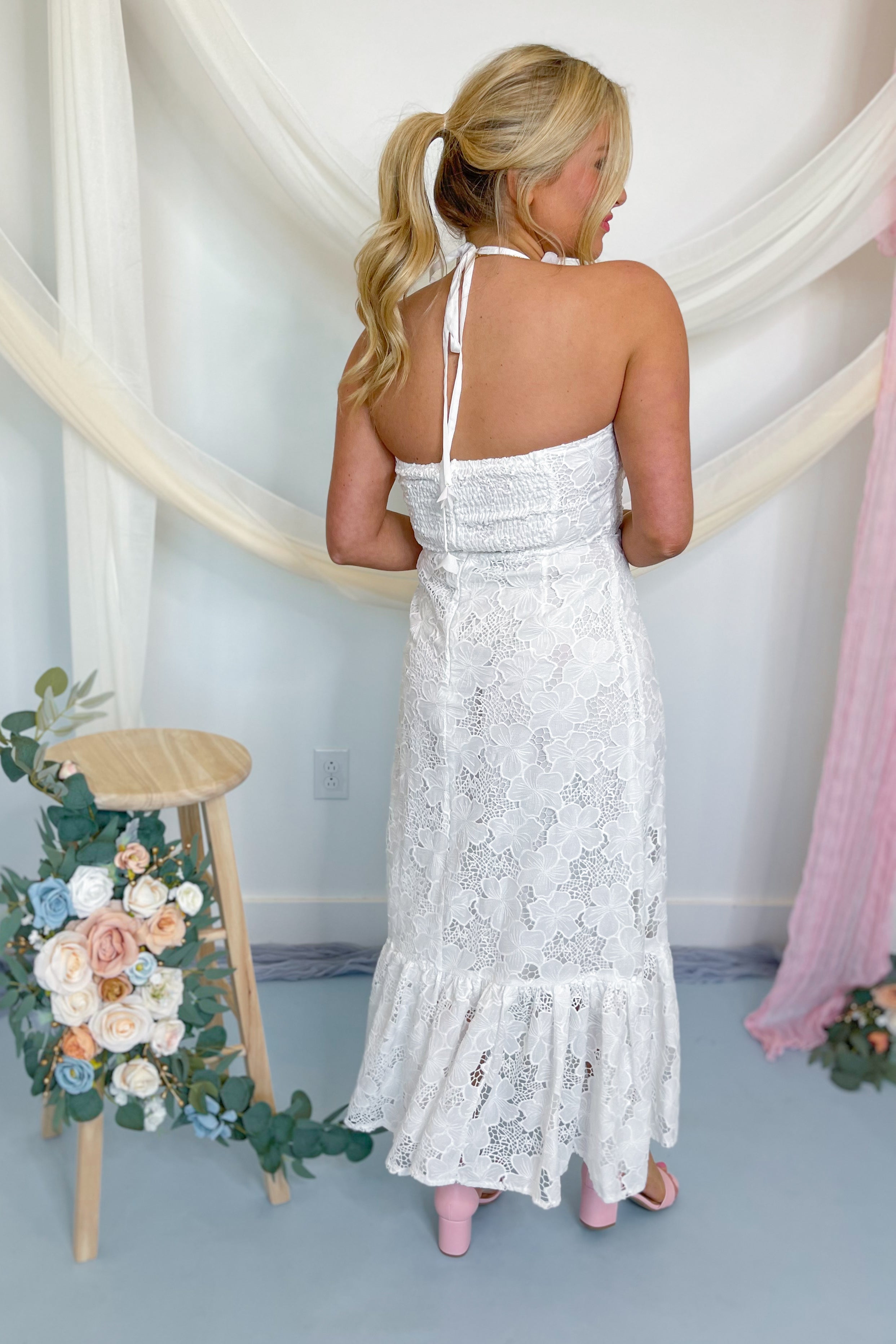 Kinlee Flower Trim Halter Tie Lace Midi Dress - Be You Boutique