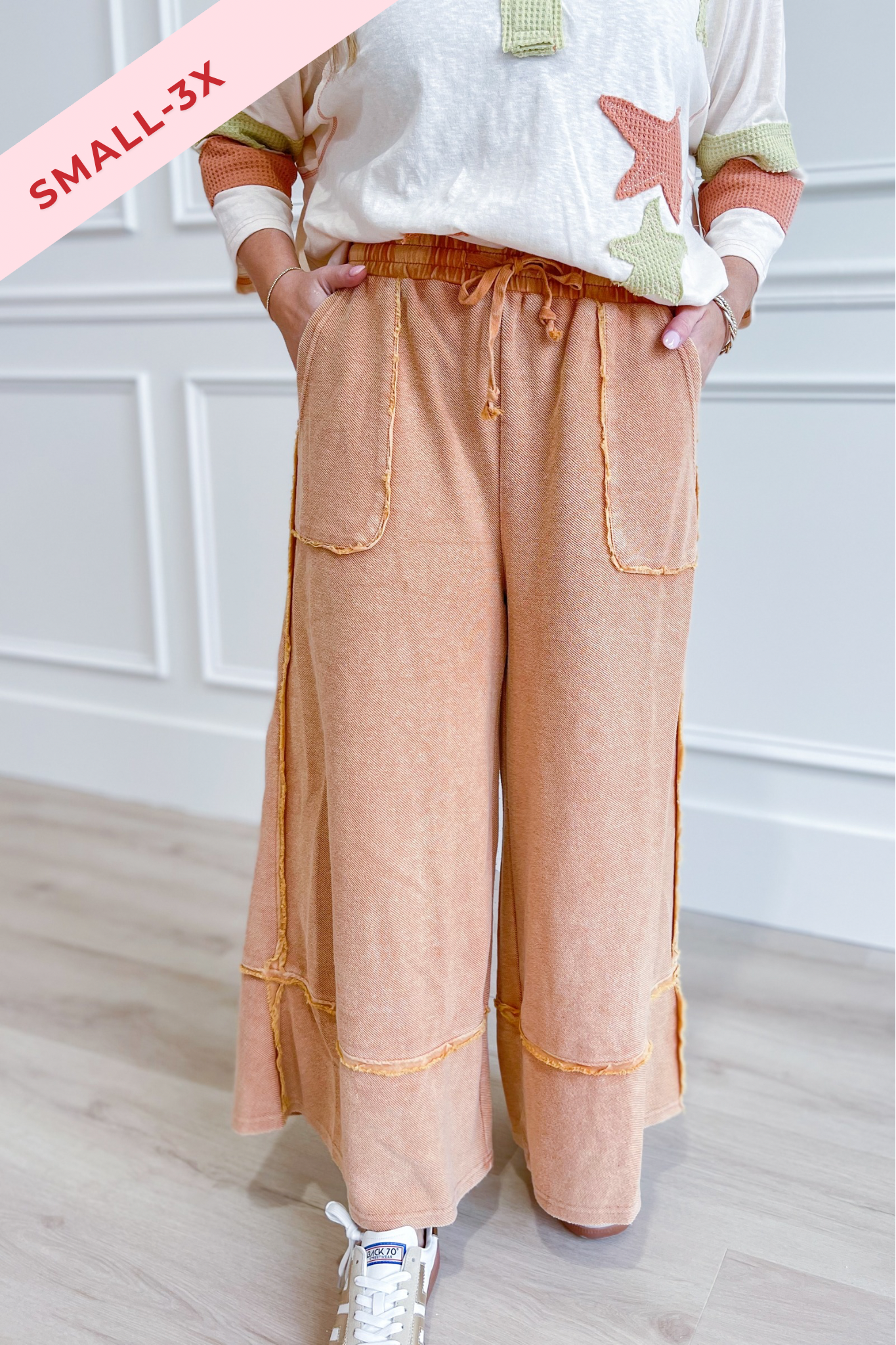 EASEL Caris Mineral Washed Terry Knit Wide Leg Palazzo Pants in cream, upside-down style, full-length with wide silhouette and relaxed fit.
