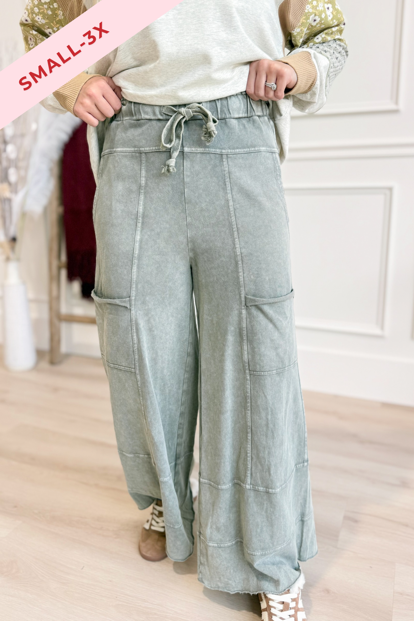 EASEL Bradley Mineral Washed Terry Knit Wide Leg Pants in neutral tone, relaxed fit, and wide leg silhouette.