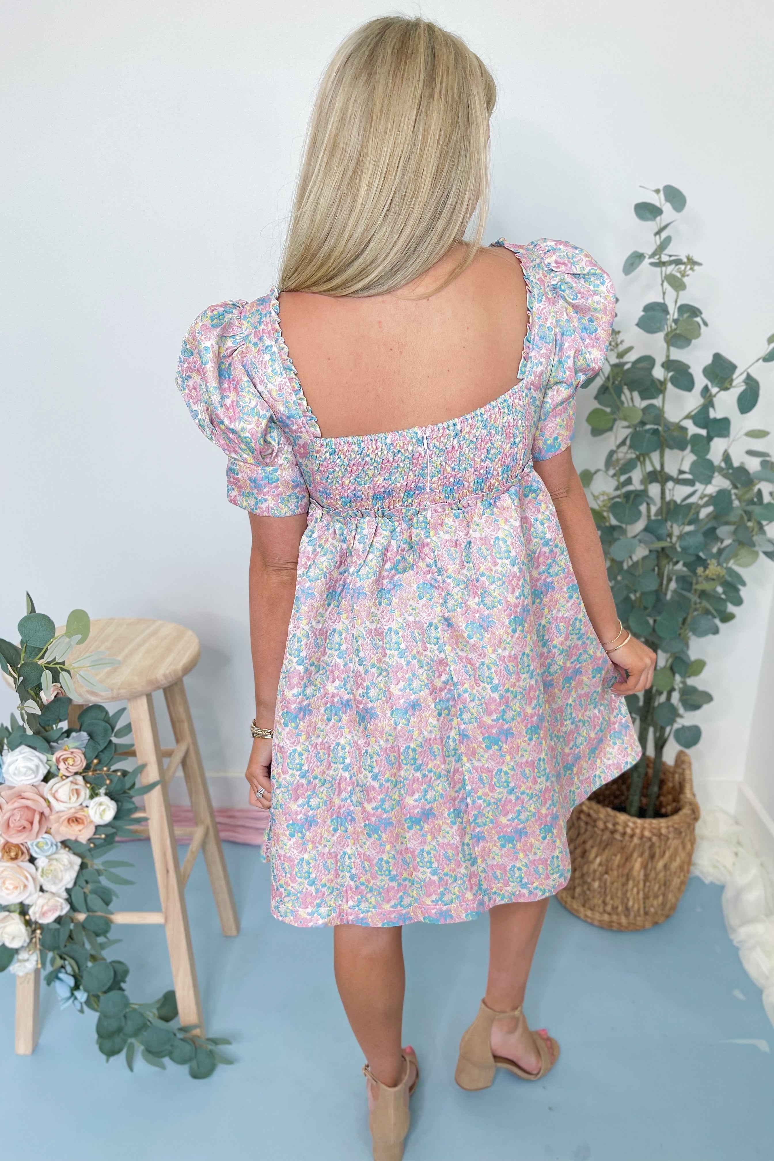 Sadie Floral Bubble Sleeve Scalloped Trim Dress - Be You Boutique