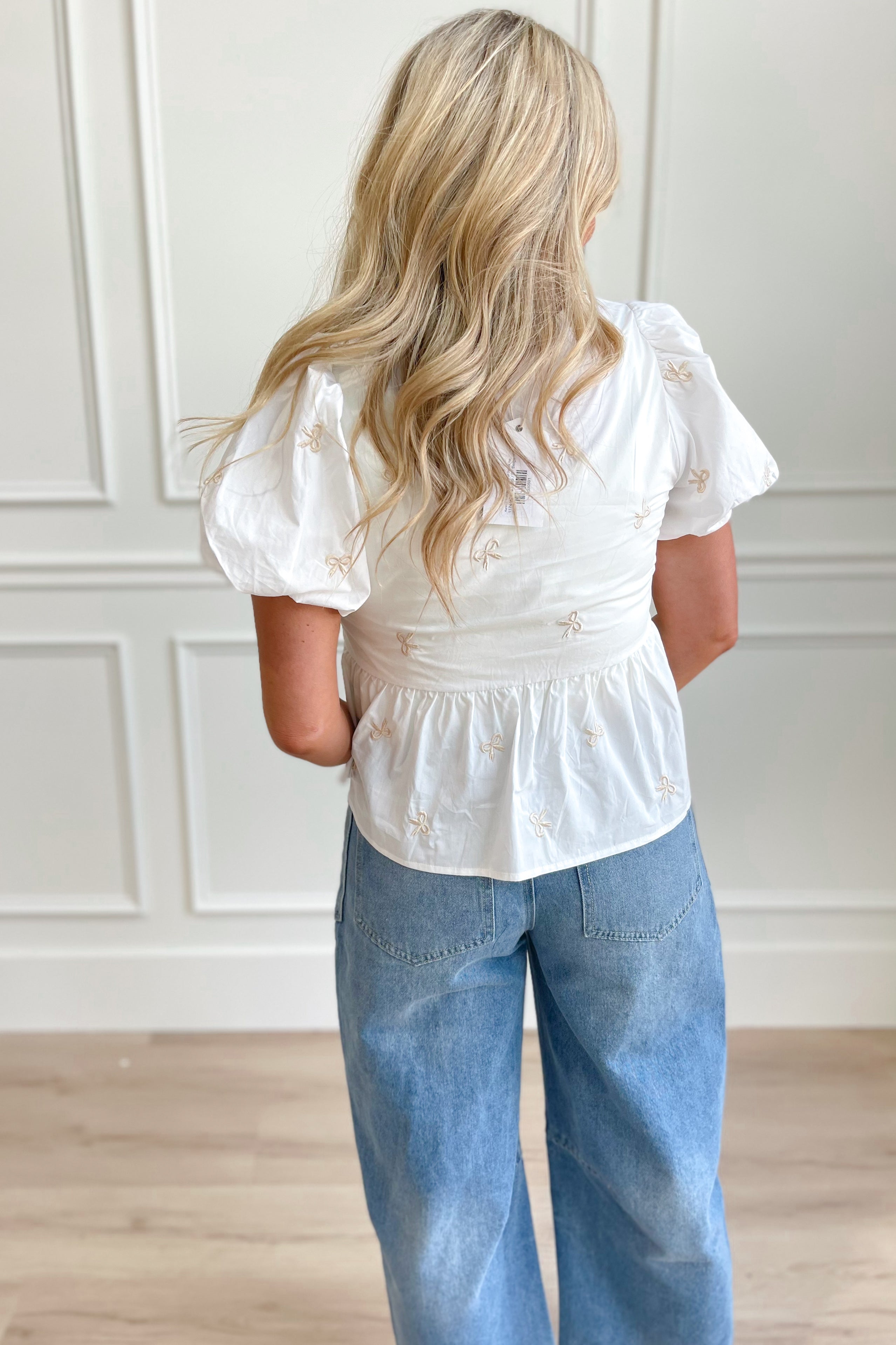Karen Embroidered Bow Puff Sleeve Top - Be You Boutique