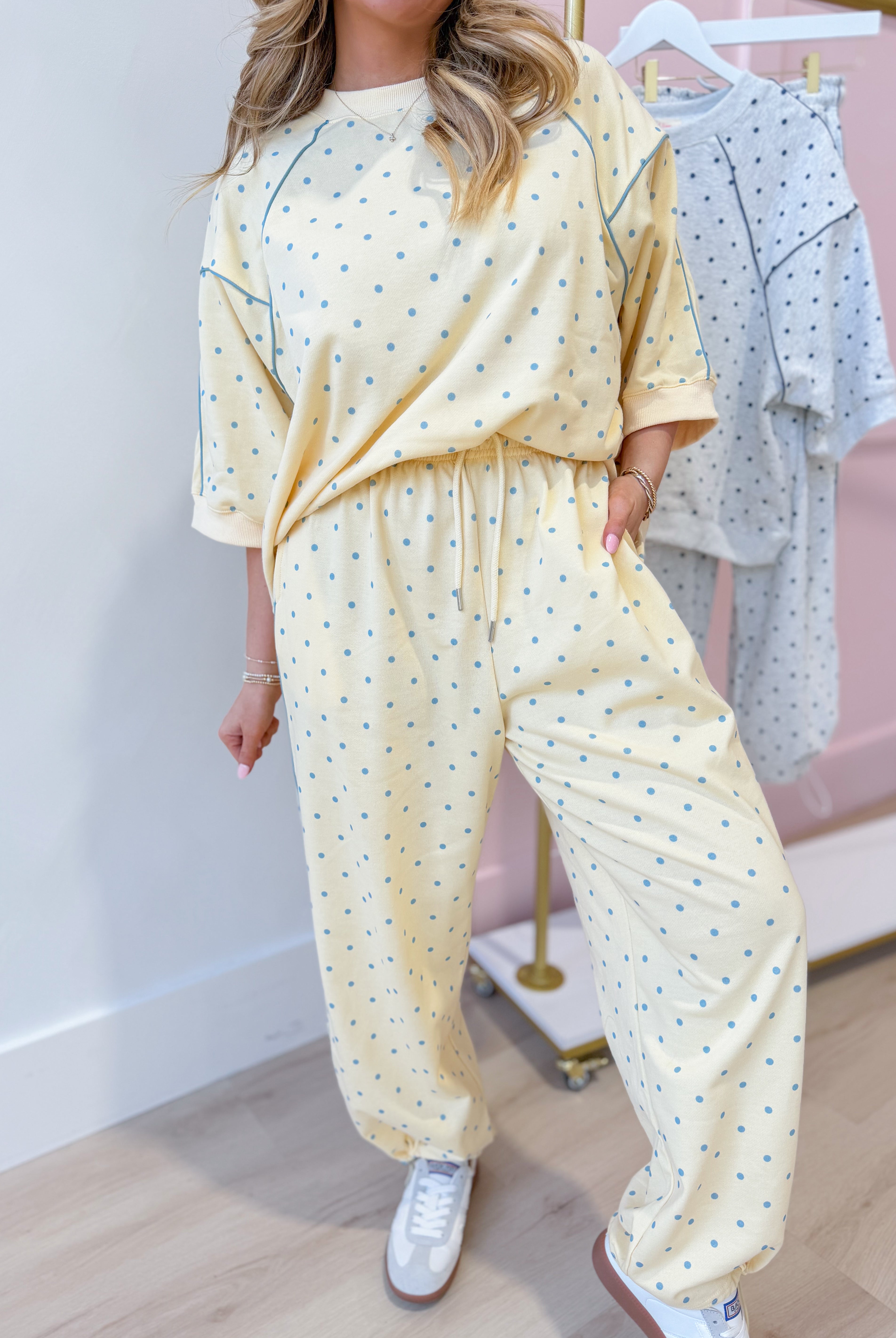 Frederick Butter Yellow Polka Dot PEACH LOVE French Terry Track Pant with elastic waistband and relaxed fit.