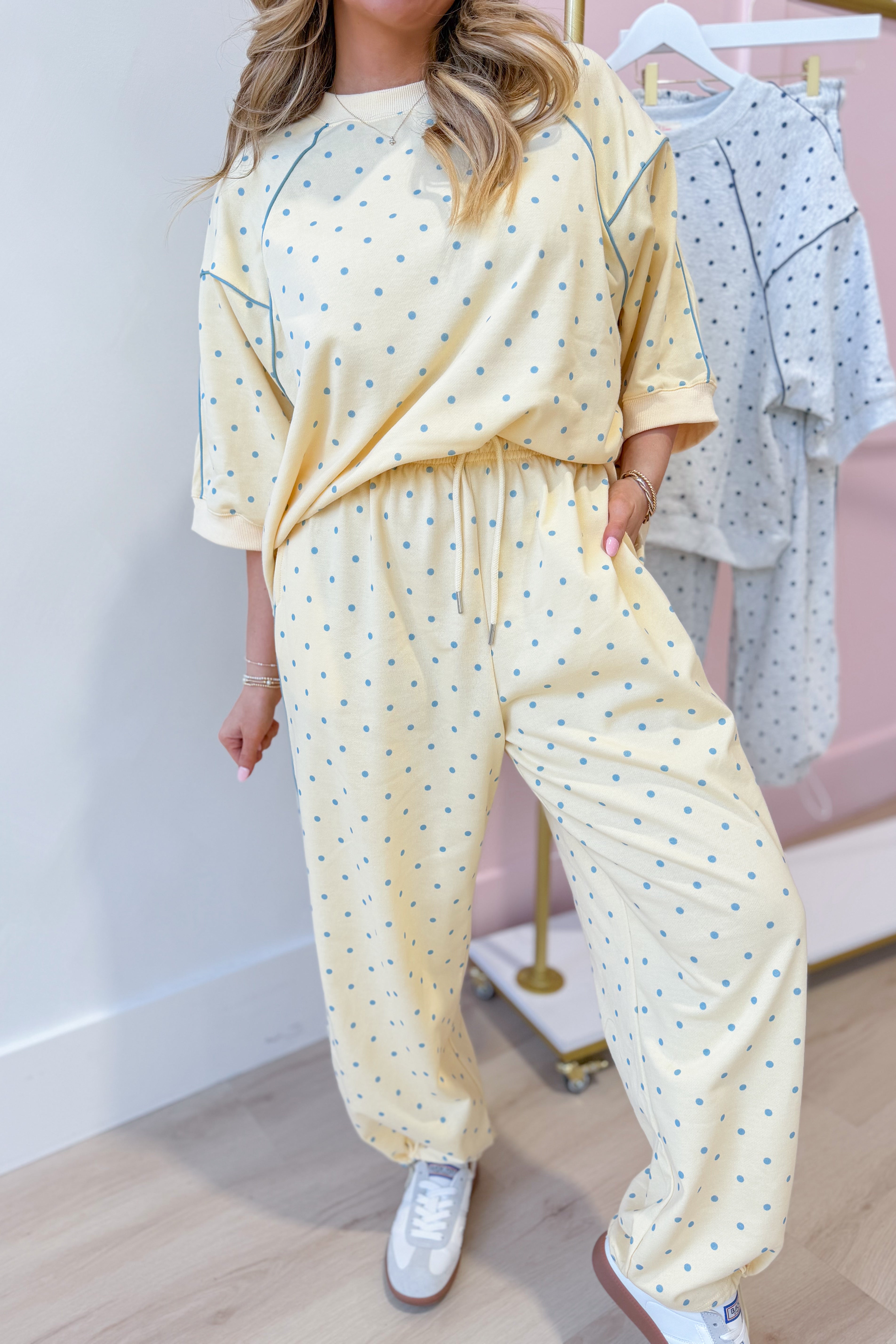 Frederick Butter Yellow Polka Dot PEACH LOVE French Terry Track Pant with elastic waistband and relaxed fit.
