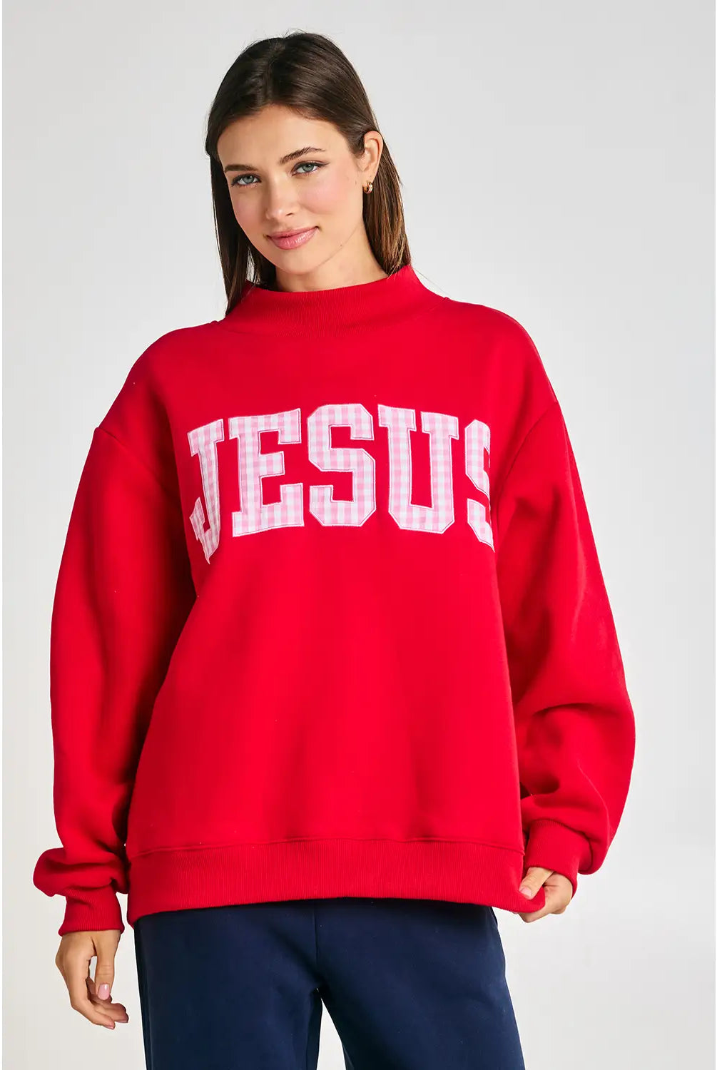 BUCKET LIST Jesus plaid printed mock embroidered sweatshirt from the 137 Graphic Sweatshirts collection, featuring a bold graphic design.
