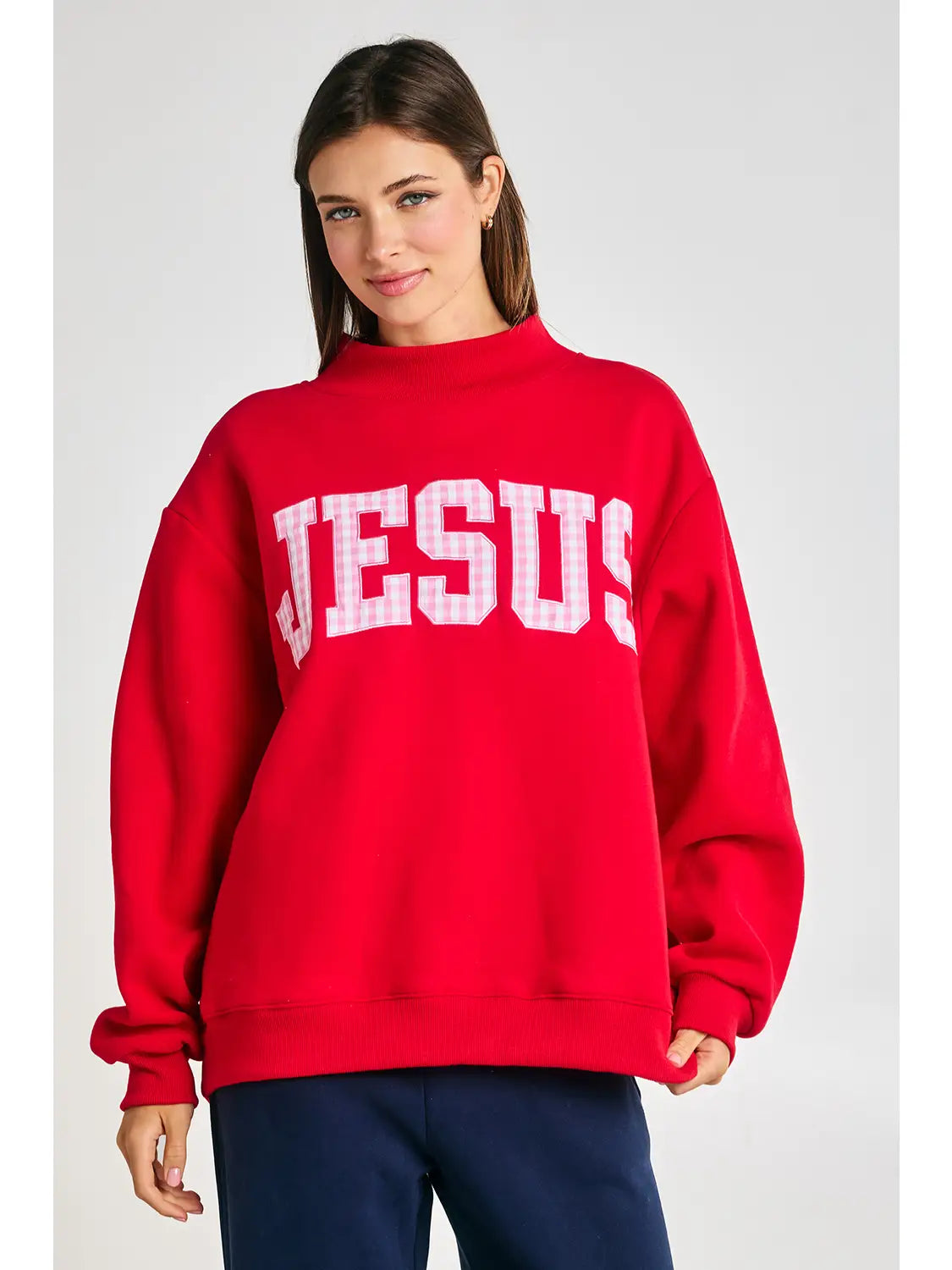 BUCKET LIST Jesus plaid printed mock embroidered sweatshirt from the 137 Graphic Sweatshirts collection, featuring a bold graphic design.