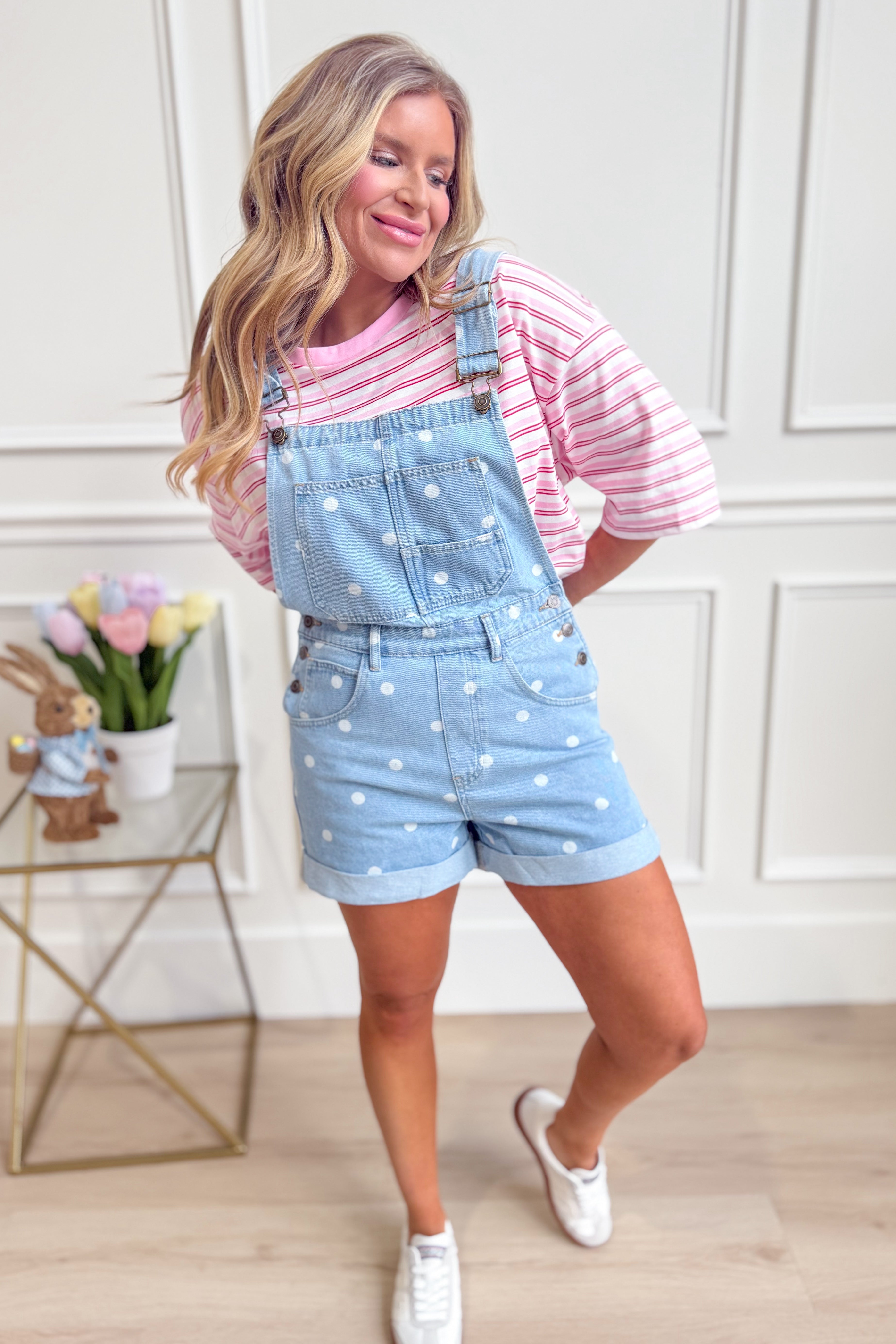Peach Love Holly polka dot denim overall romper for women, featuring adjustable straps and playful polka dot pattern.