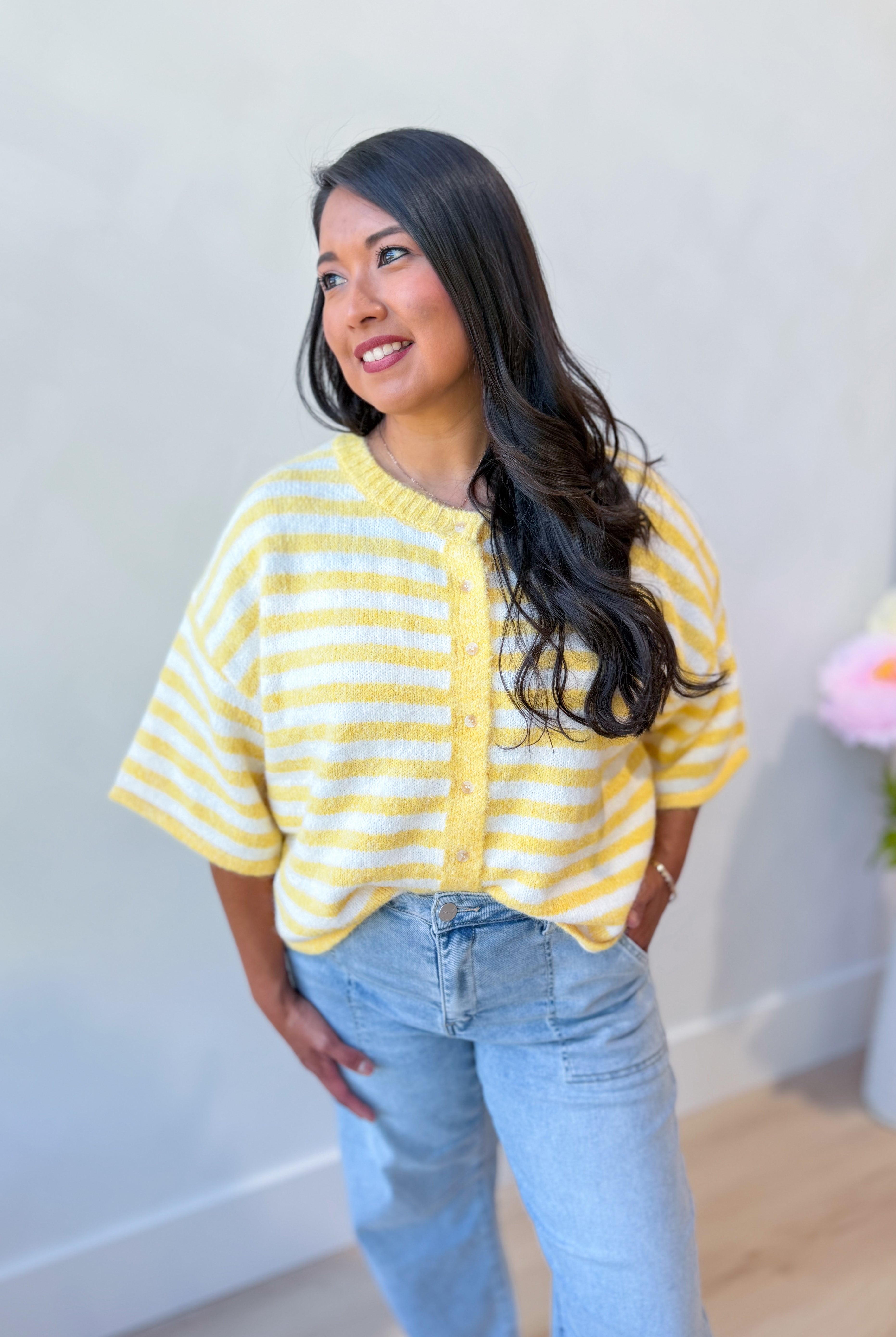 Lauren yellow striped button-down cardigan top by BAEVELY, featuring a classic spring sweater style with vertical stripes.