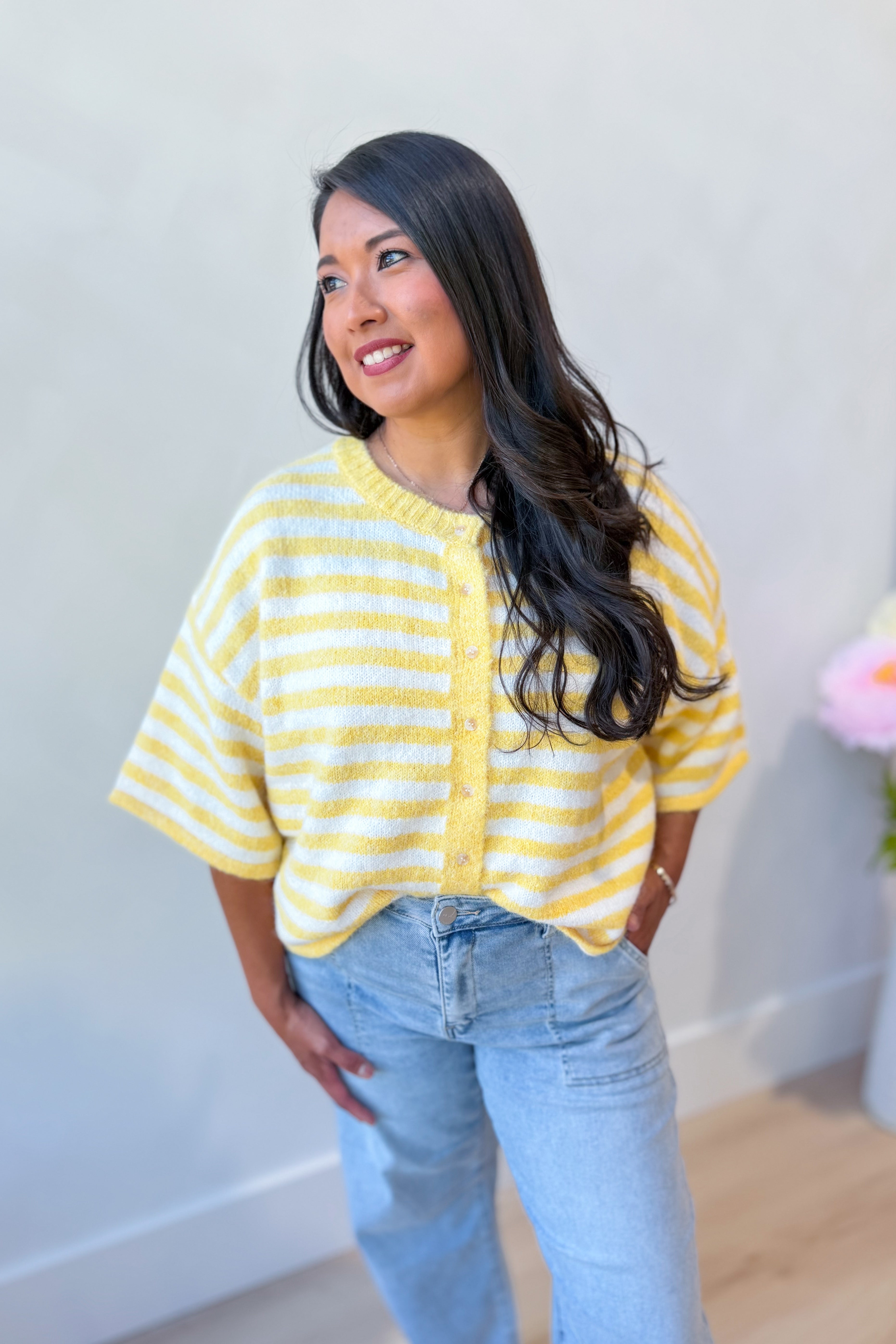 Lauren yellow striped button-down cardigan top by BAEVELY, featuring a classic spring sweater style with vertical stripes.