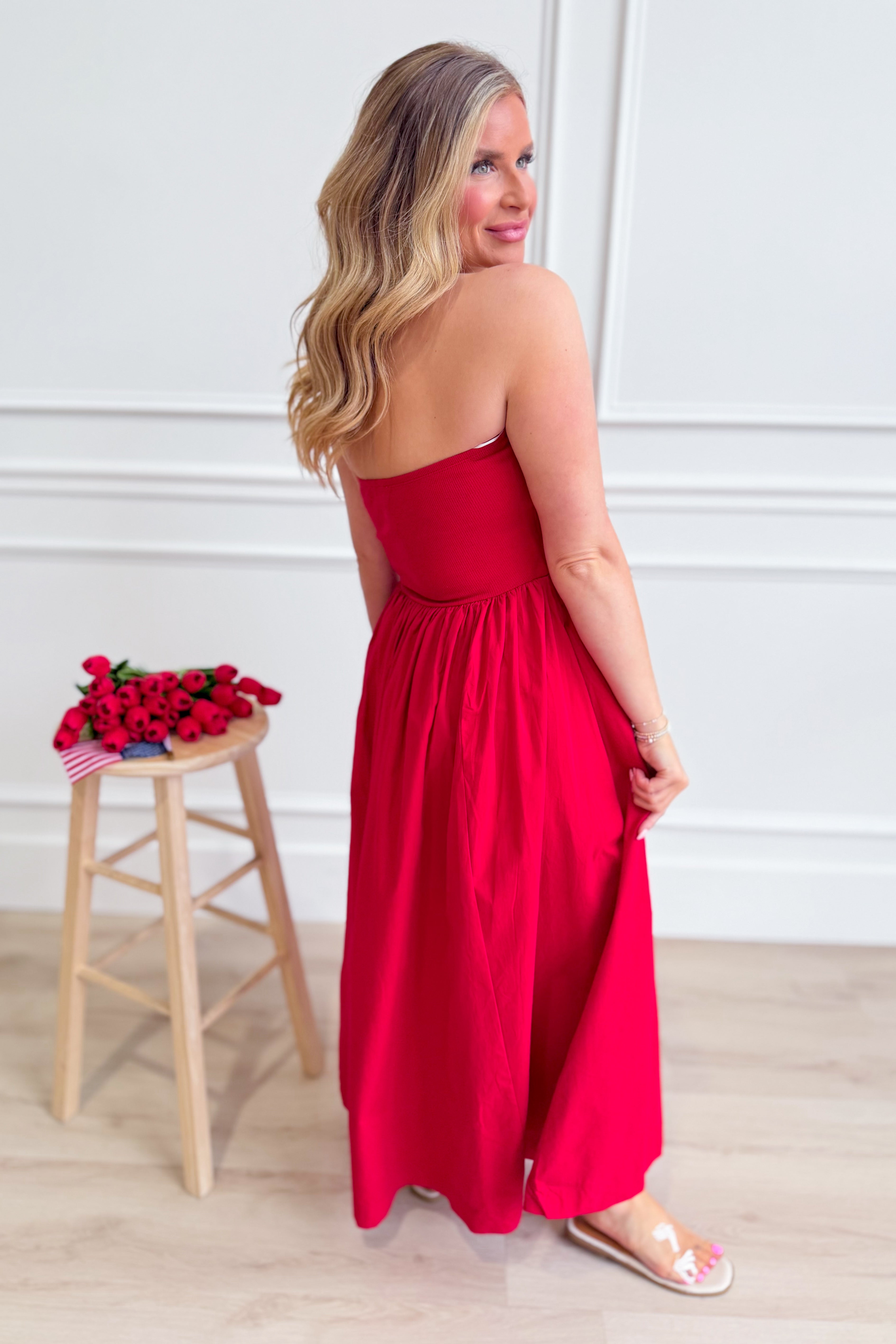 HYFVE Bethany strapless midi dress with a fitted bodice and flowing skirt, perfect for dressy occasions.