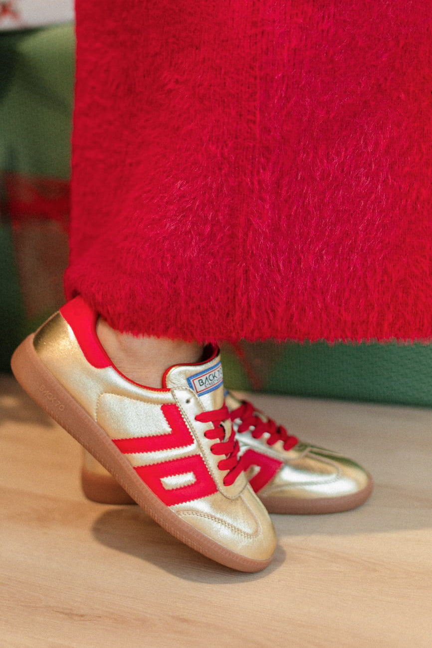 BACK70 Cloud Sneakers in gold and red, 205 sneaker style, featuring sleek design and vibrant colors.