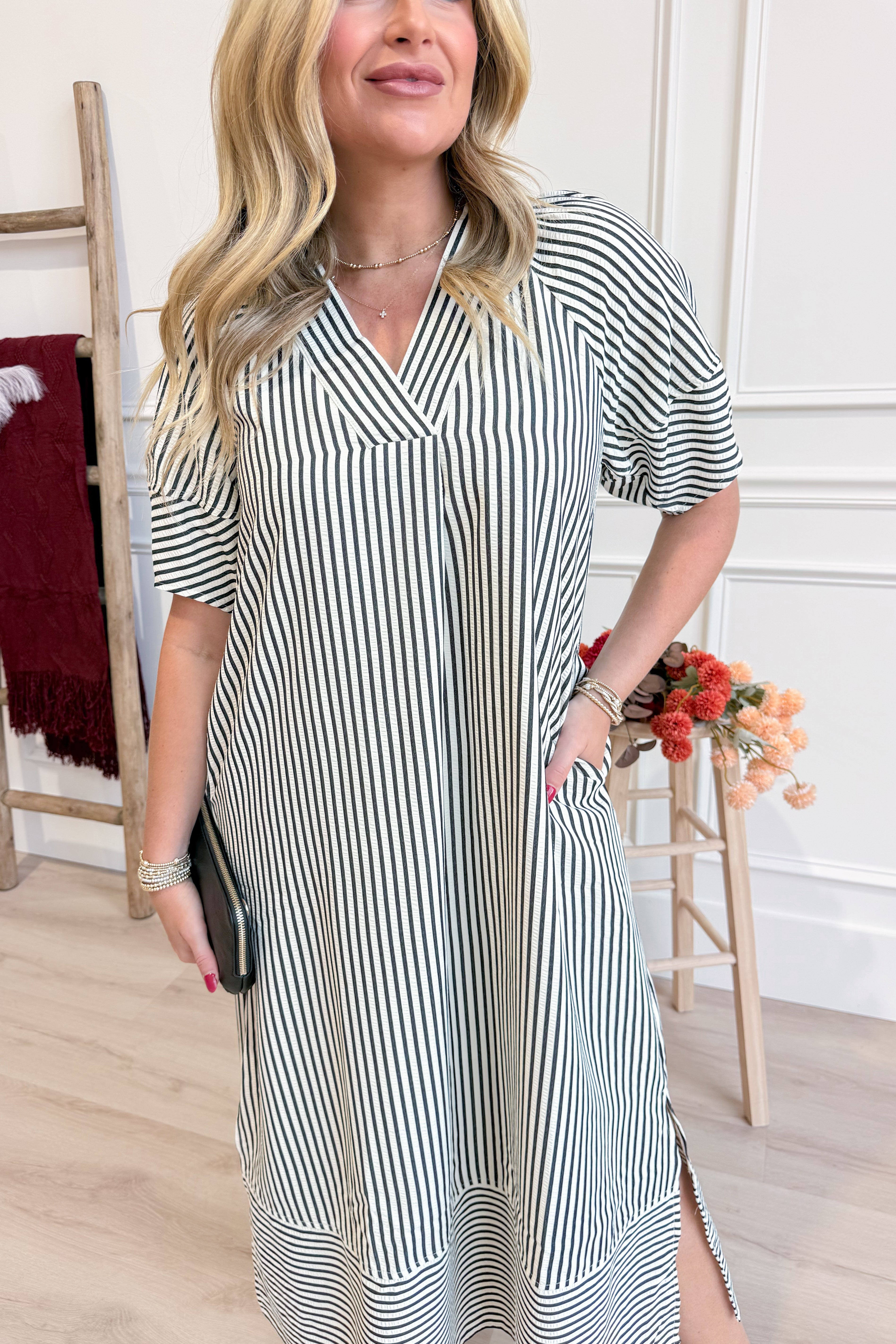 Karen Striped Split Neck Midi Dress - Be You Boutique