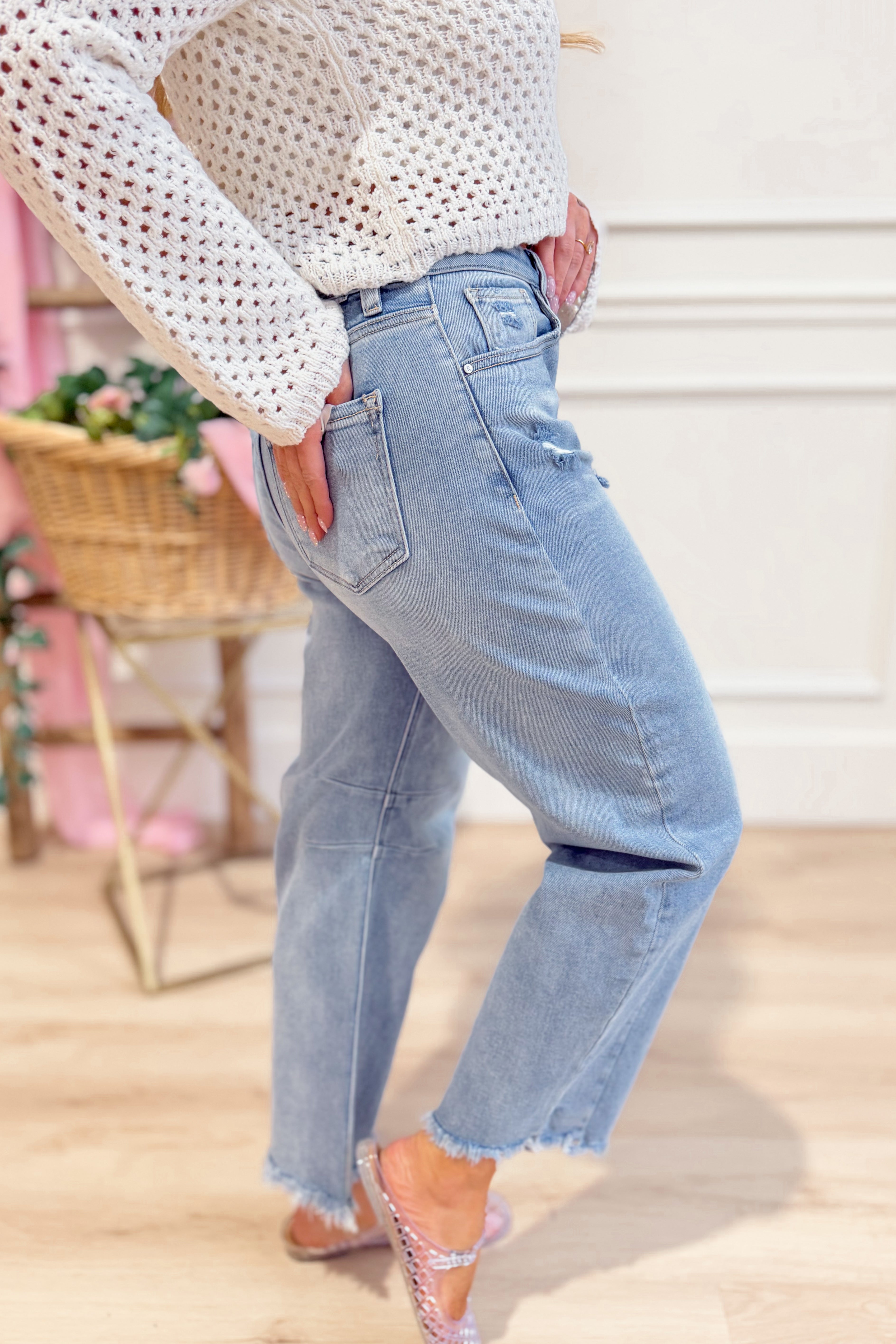 Risen Nolan high-rise barrel jeans in 146 core style, showing front view with classic denim wash and high waist design.