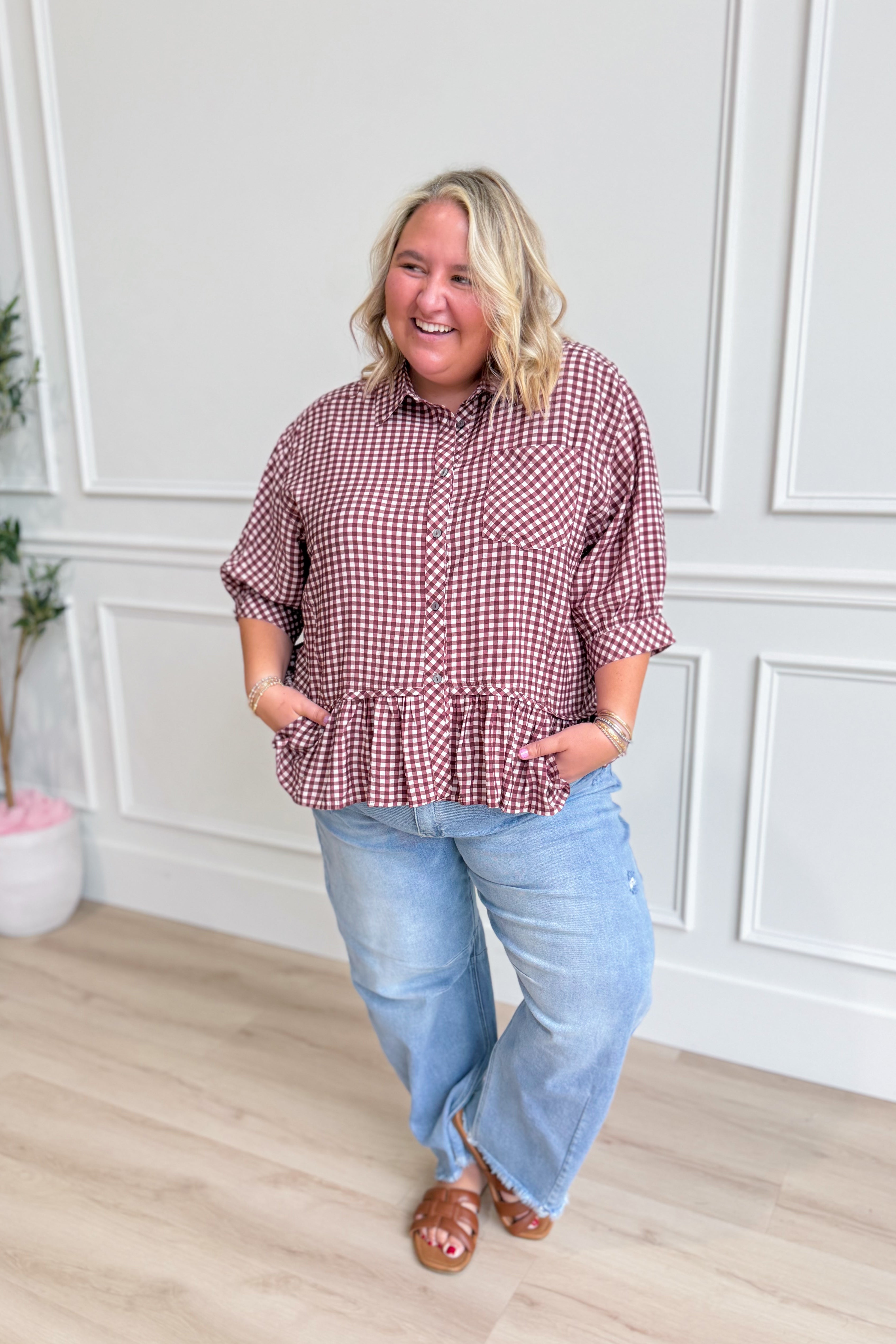 ENTRO Ryan Gingham button-down top, stylish dressy blouse with a classic collar and long sleeves, perfect for formal or casual wear.