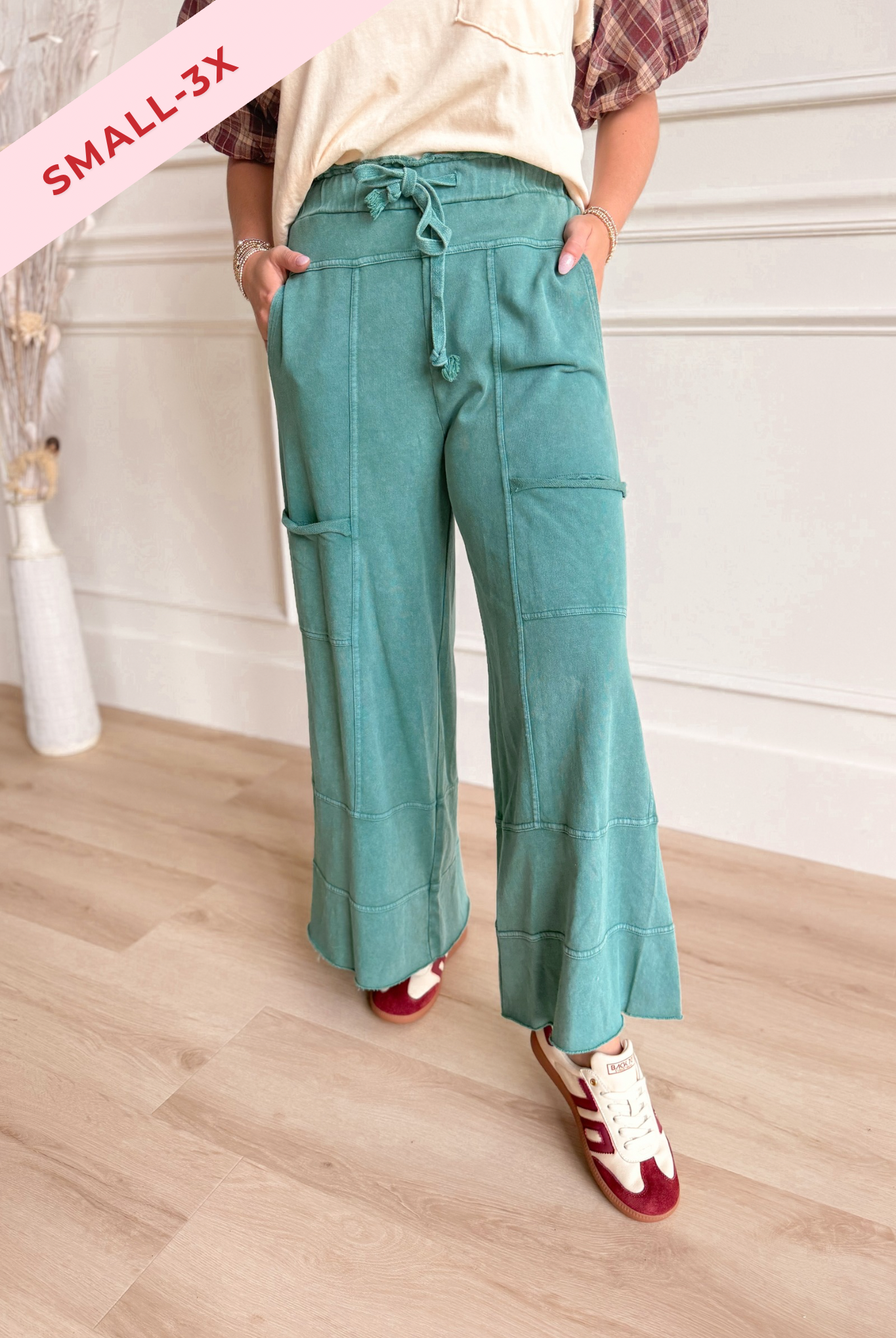 EASEL Bradley mineral washed terry knit wide-leg pants in neutral color, featuring a relaxed fit and wide leg design.