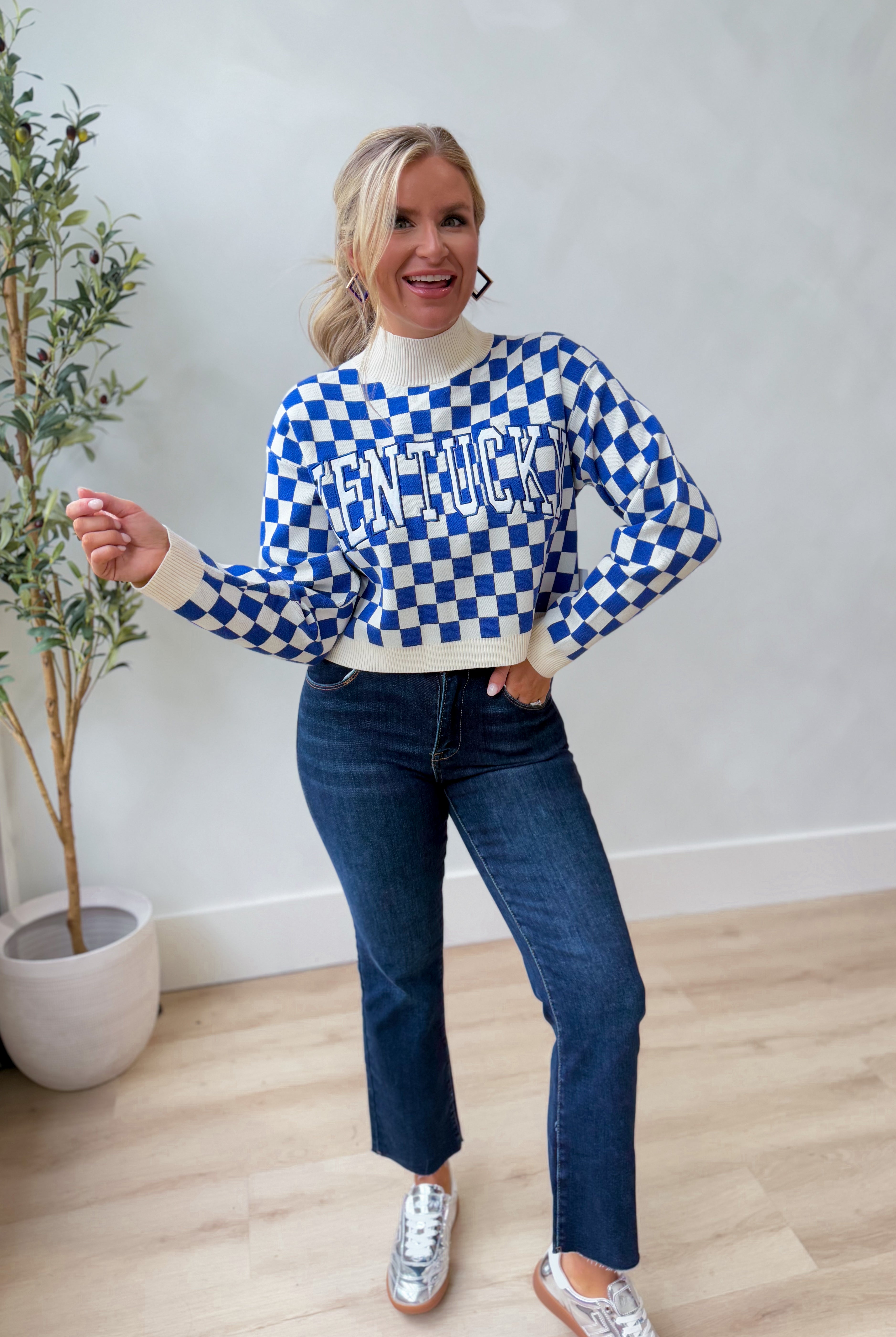 GameDay Social Checkered Kentucky Mock Neck Sweater - Be You Boutique