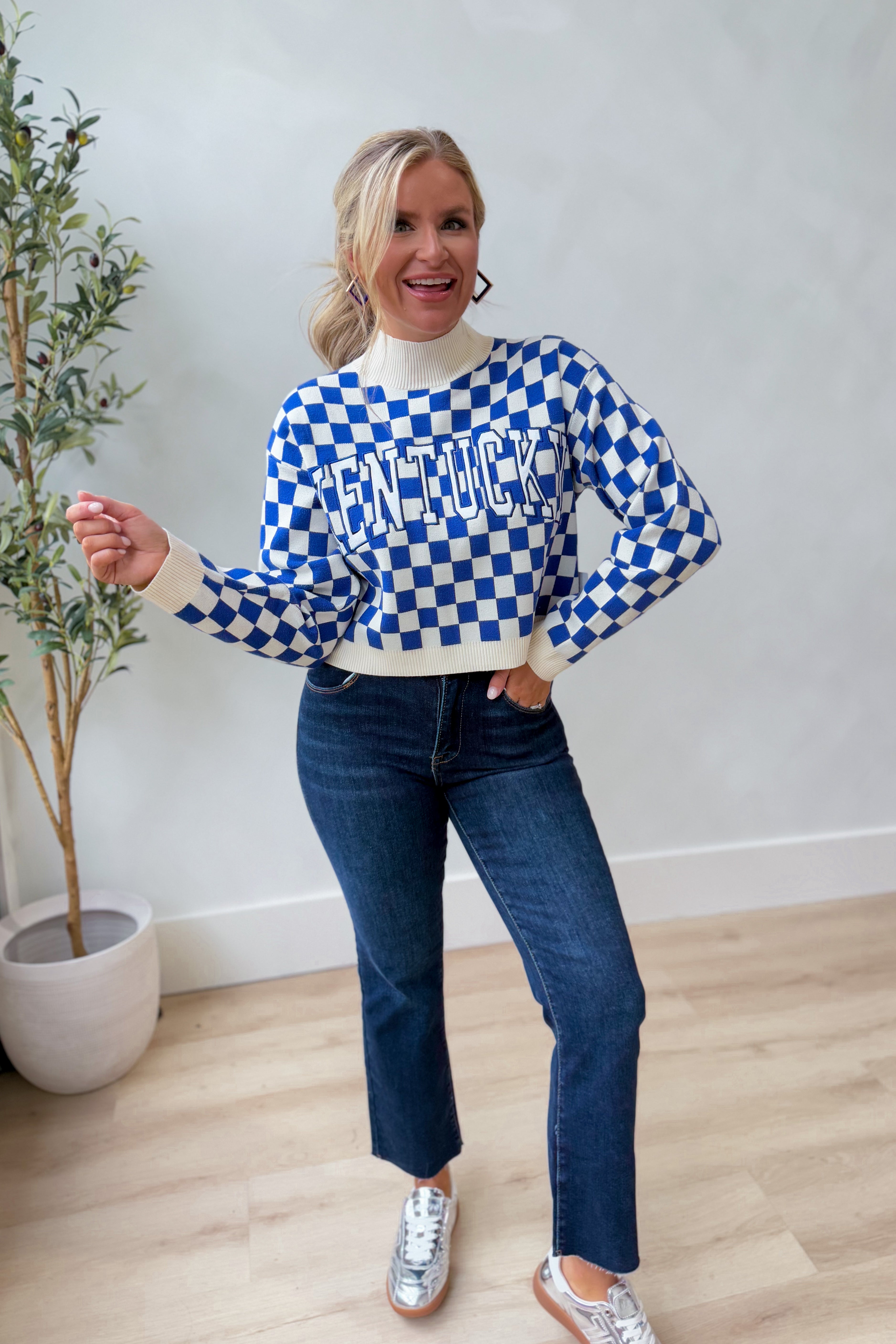 GameDay Social Checkered Kentucky Mock Neck Sweater - Be You Boutique