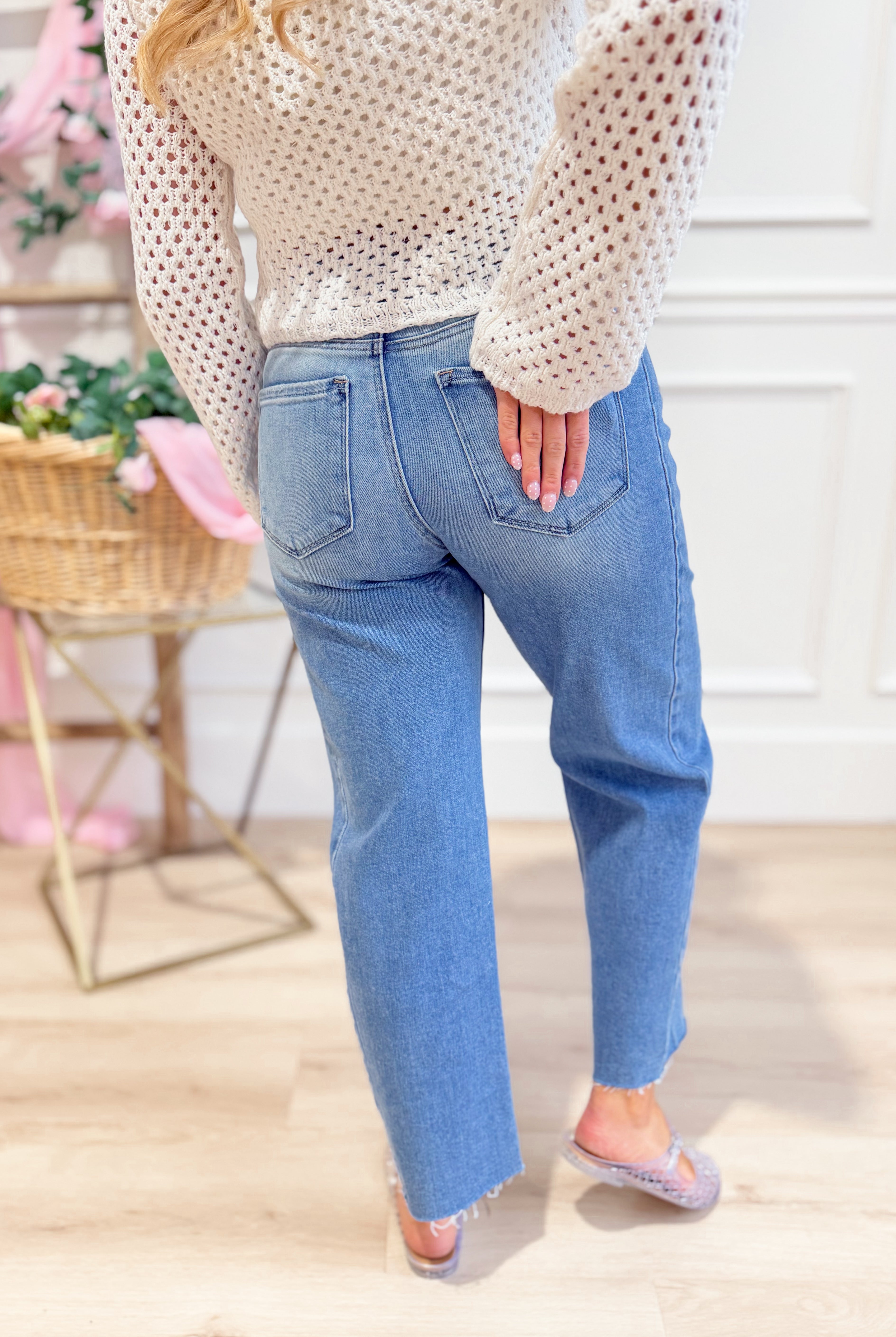 RISEN Boone high-rise slouchy cropped barrel jeans in size 0-3XL, showing the relaxed fit and distressed denim style.