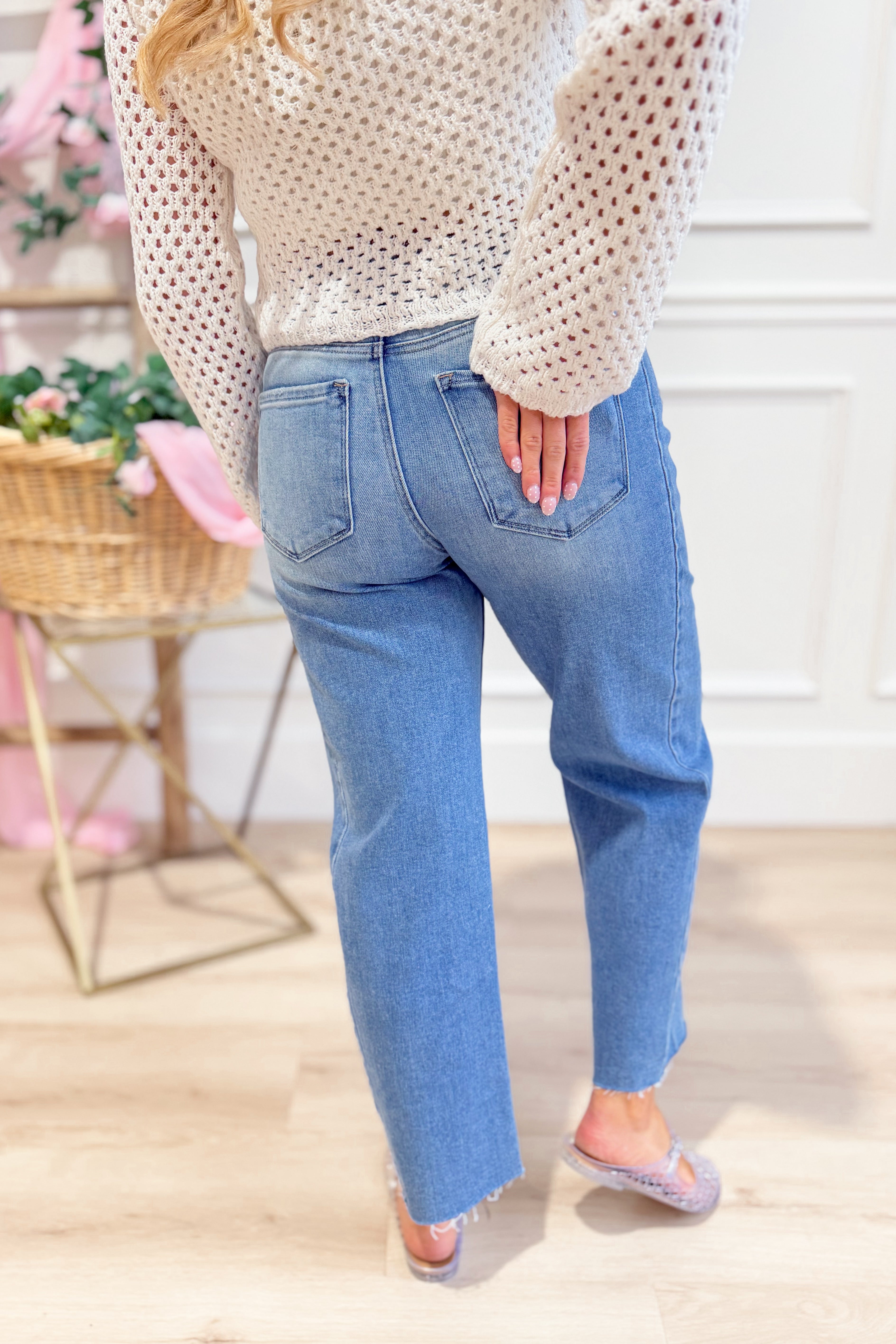 RISEN Boone high-rise slouchy cropped barrel jeans in size 0-3XL, showing the relaxed fit and distressed denim style.