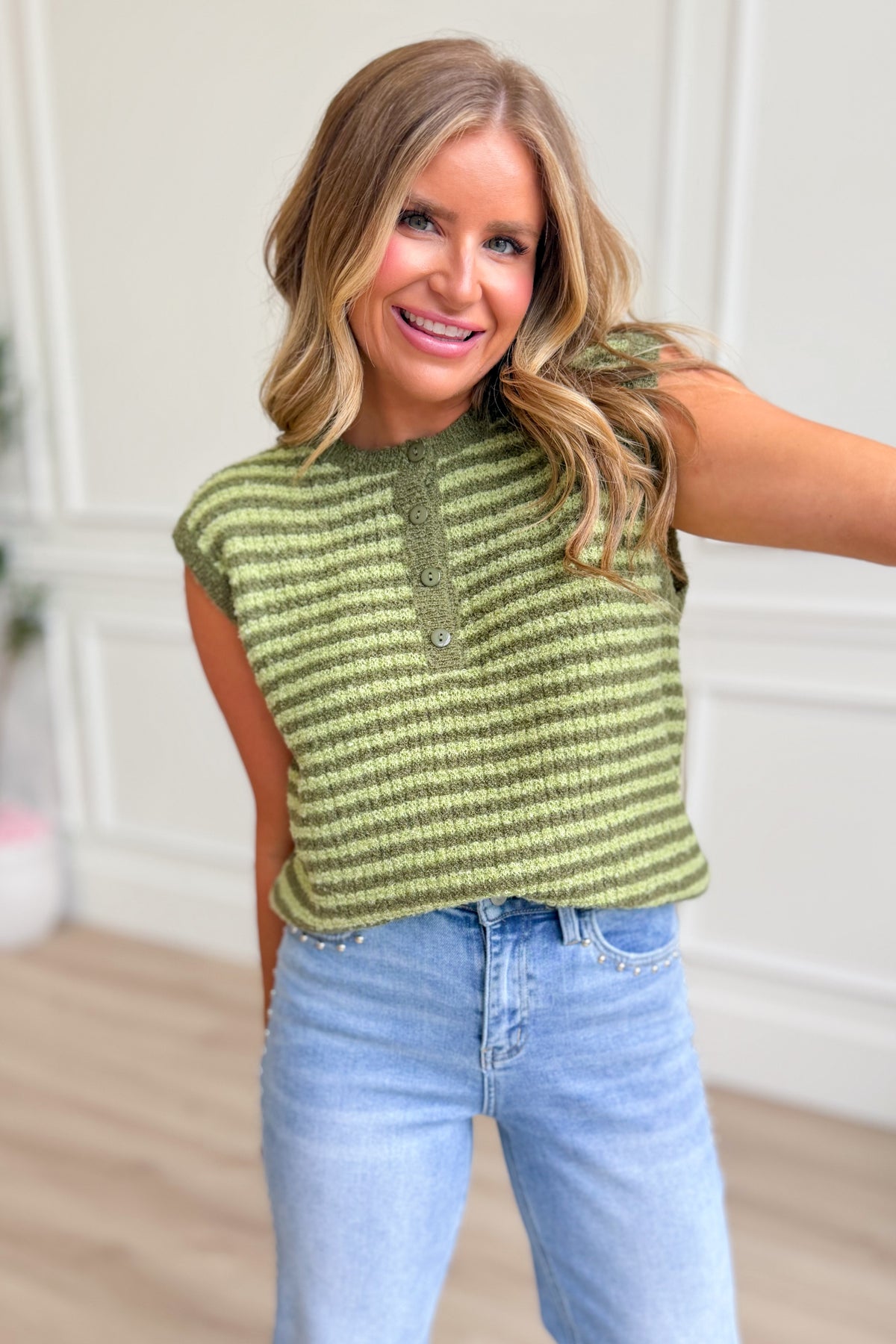 TWENTIFOURTH Terri Lime Striped Henley Sweater, 132 Fall Sweater, featuring lime green and white stripes with a henley neckline.