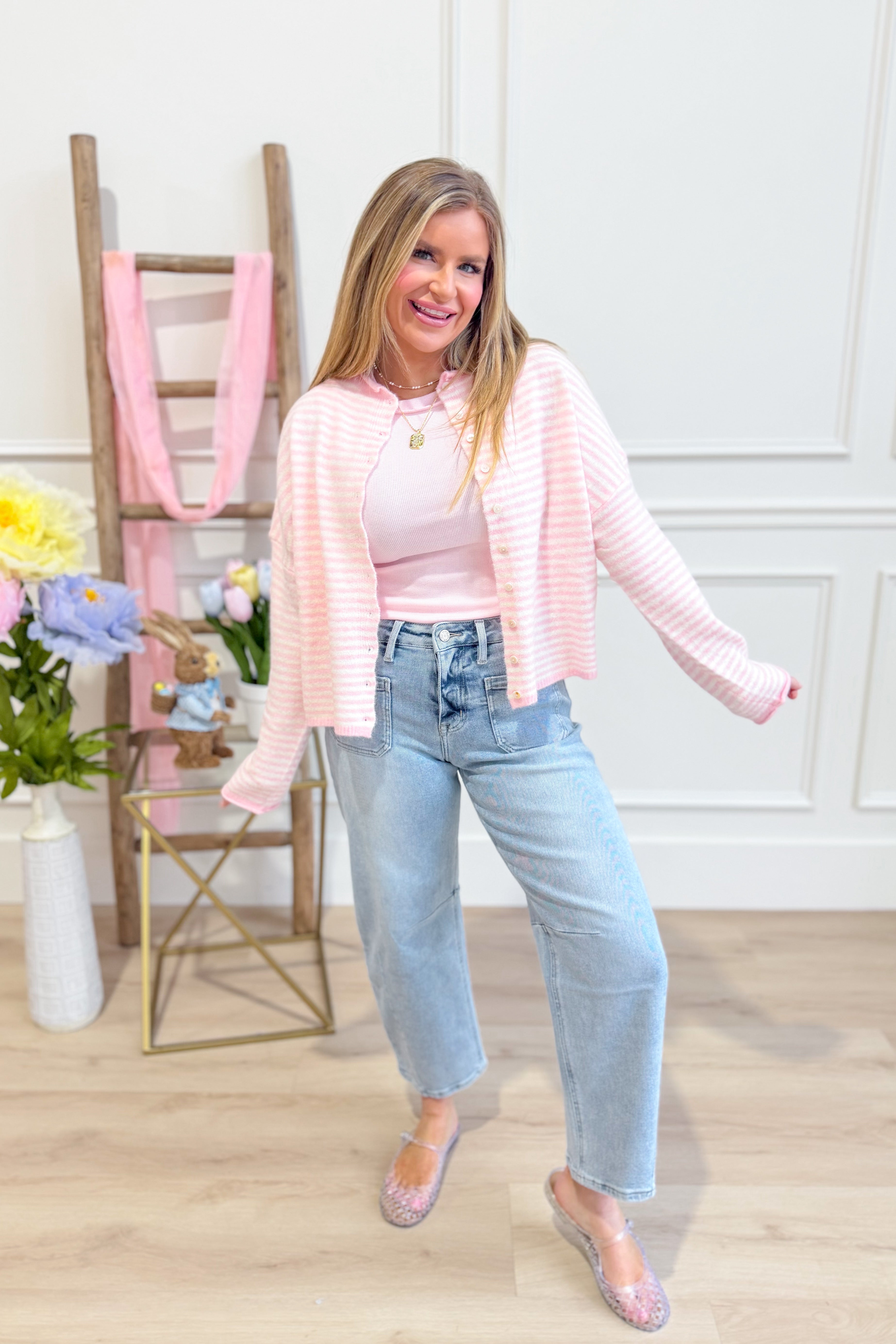 Olivia Pink Mini Striped Cardigan - Be You Boutique