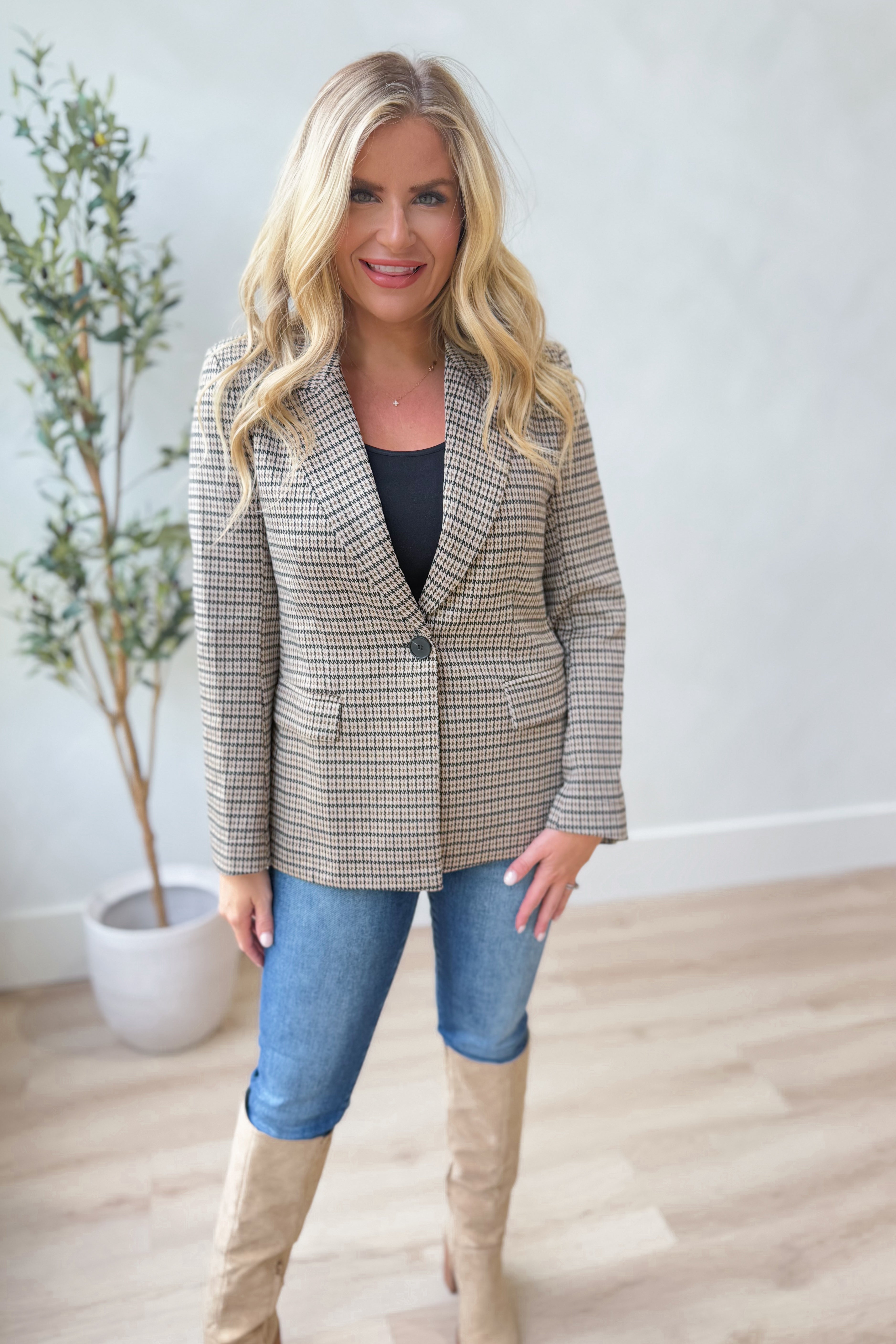 Laura Houndstooth Long Sleeve Blazer - Be You Boutique