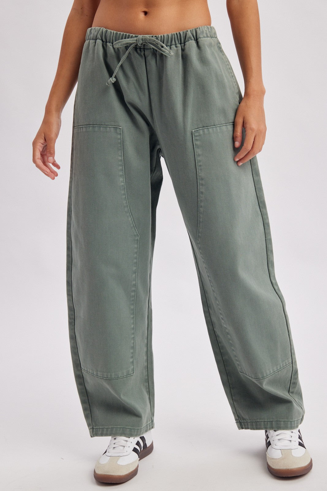 WISHLIST Vicki Olive Drawstring Barrel Pant from 147 Novelty Jeans, featuring a relaxed fit and olive green fabric.