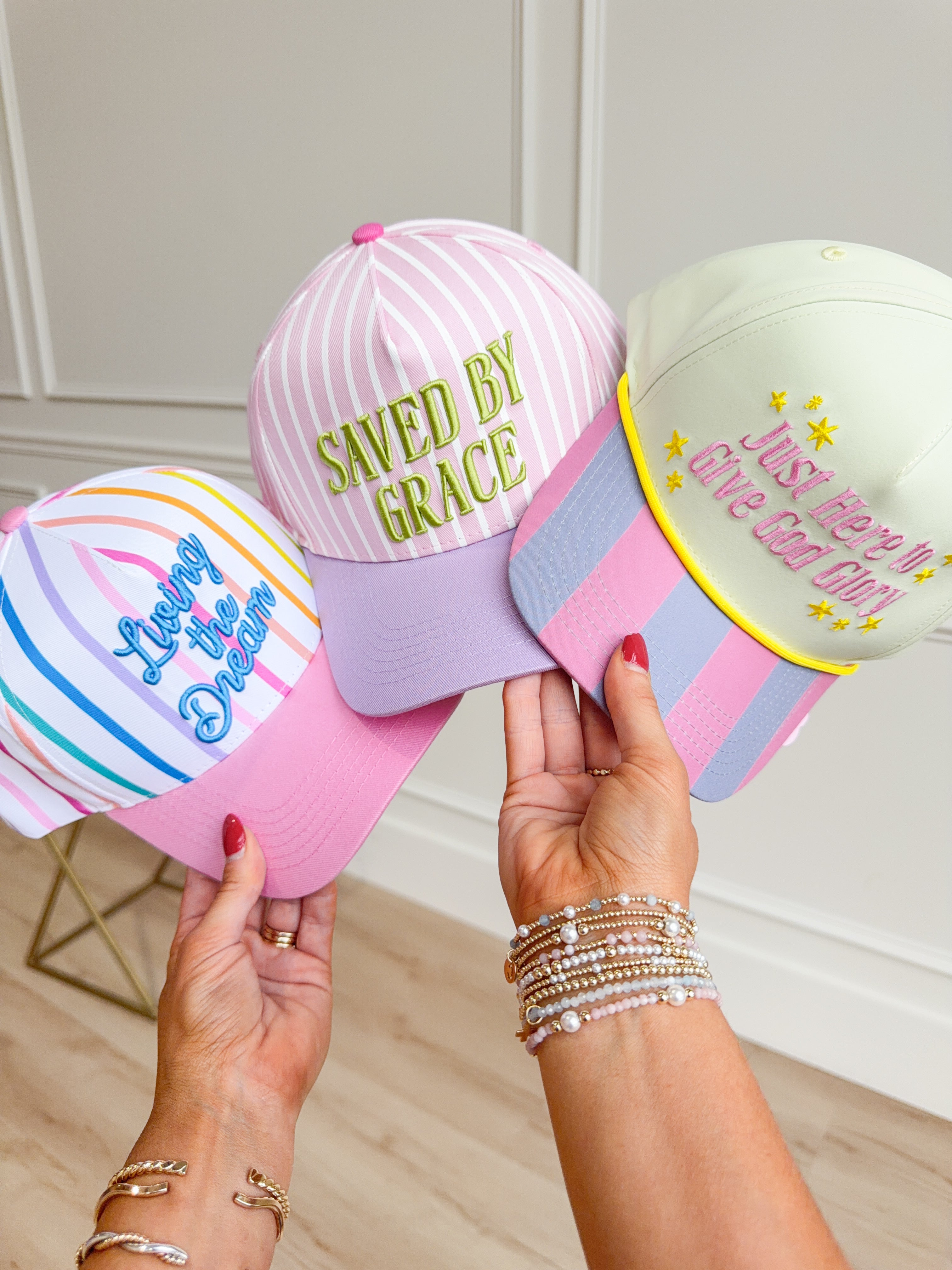 Taylor Elliot Designs Saved By Grace baseball hat with embroidered text, casual accessory, 217 hair accessories collection.