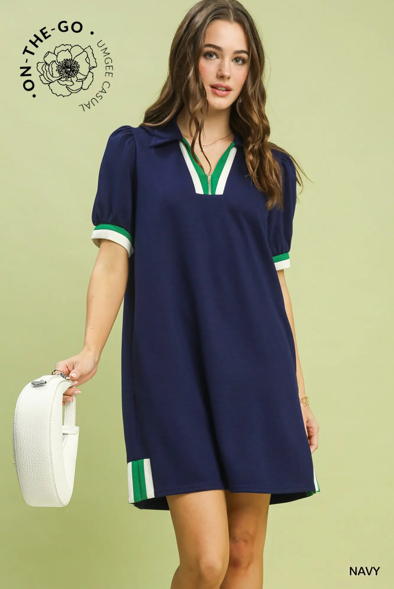 Samme puff sleeve solid trim casual dress by UMGEE USA, featuring a stylish puff sleeve design and a comfortable fit.