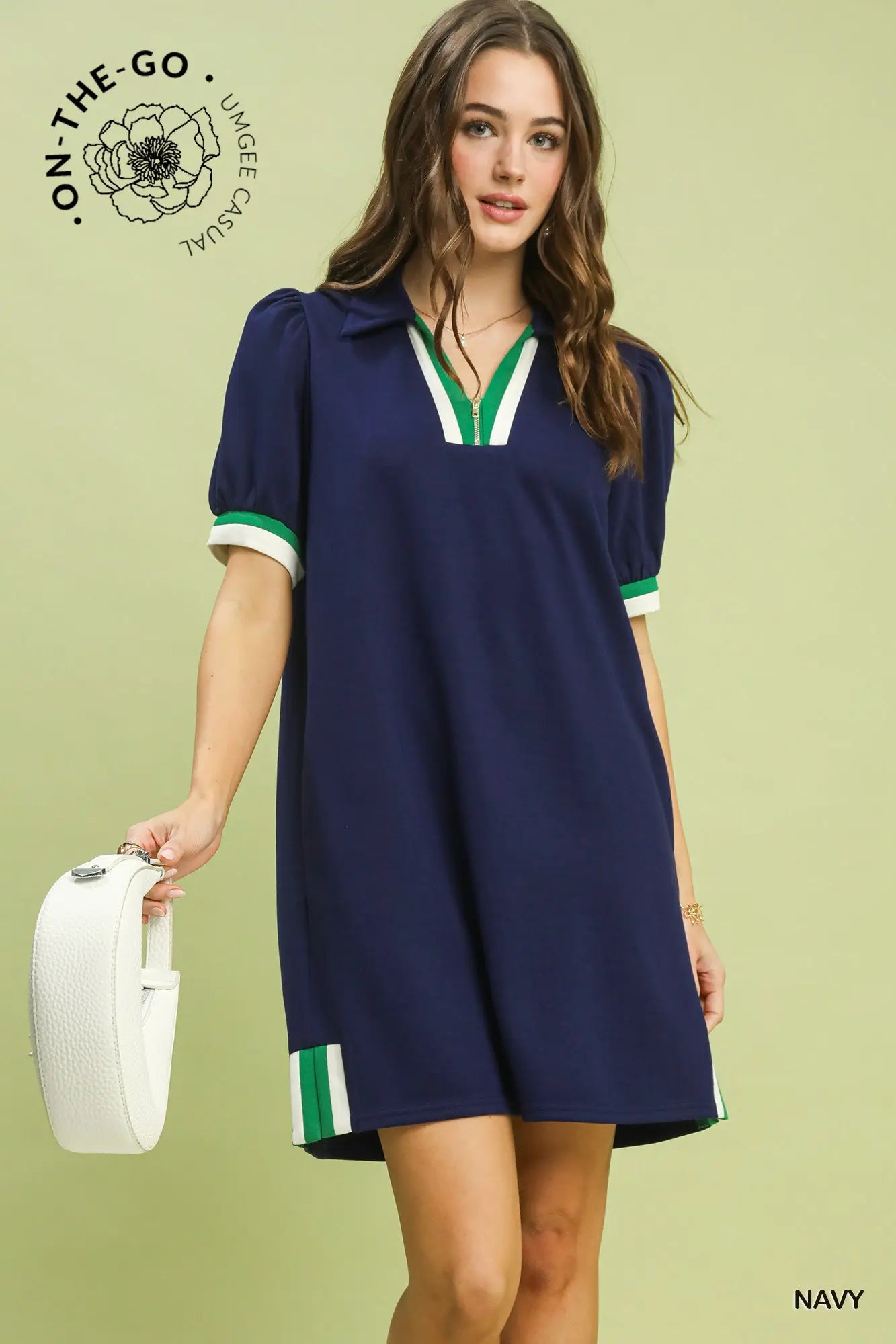 Samme puff sleeve solid trim casual dress by UMGEE USA, featuring a stylish puff sleeve design and a comfortable fit.