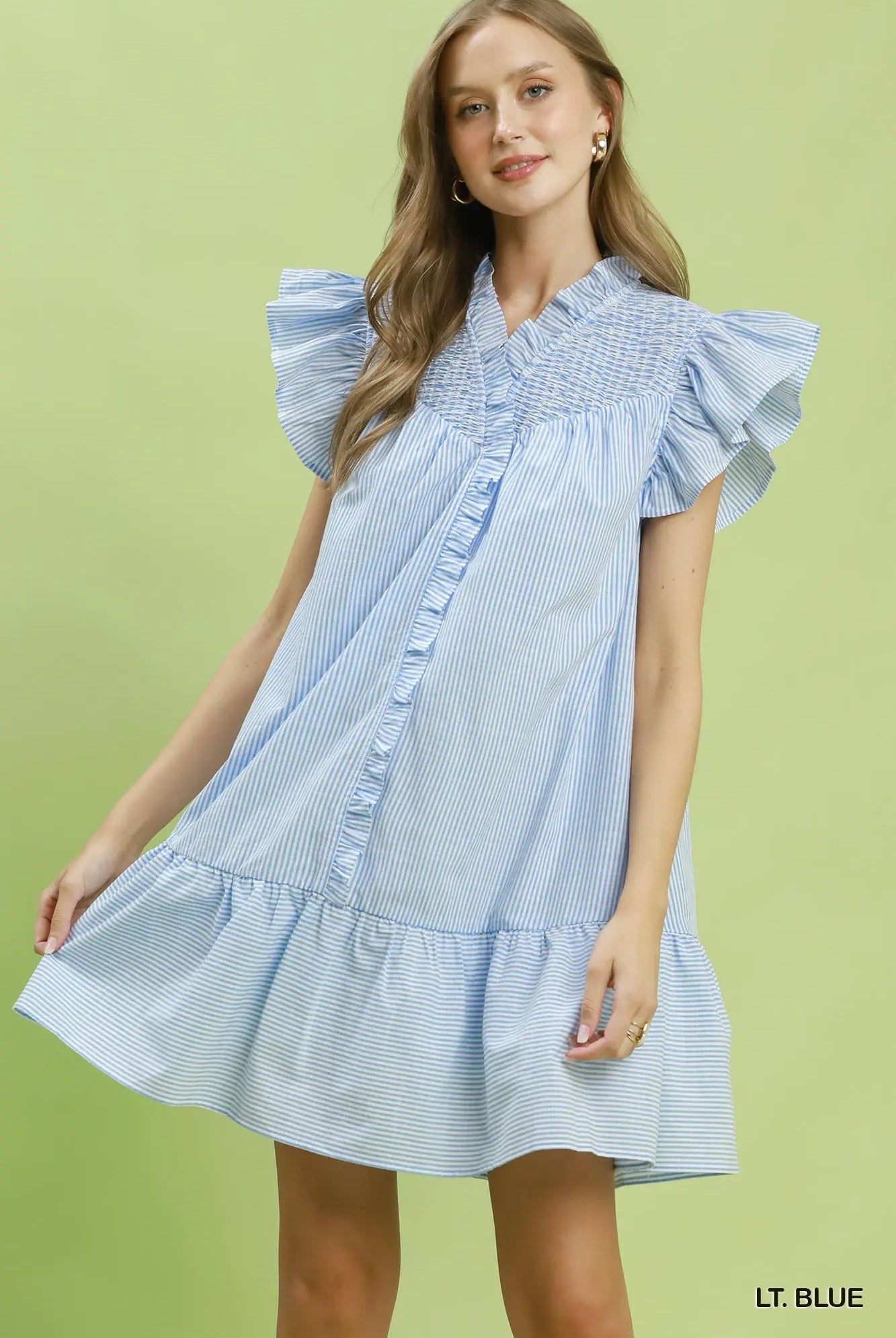 Candice Striped Flutter Sleeve Dress by UMGEE USA featuring a casual, lightweight design with flutter sleeves and a stylish striped pattern.