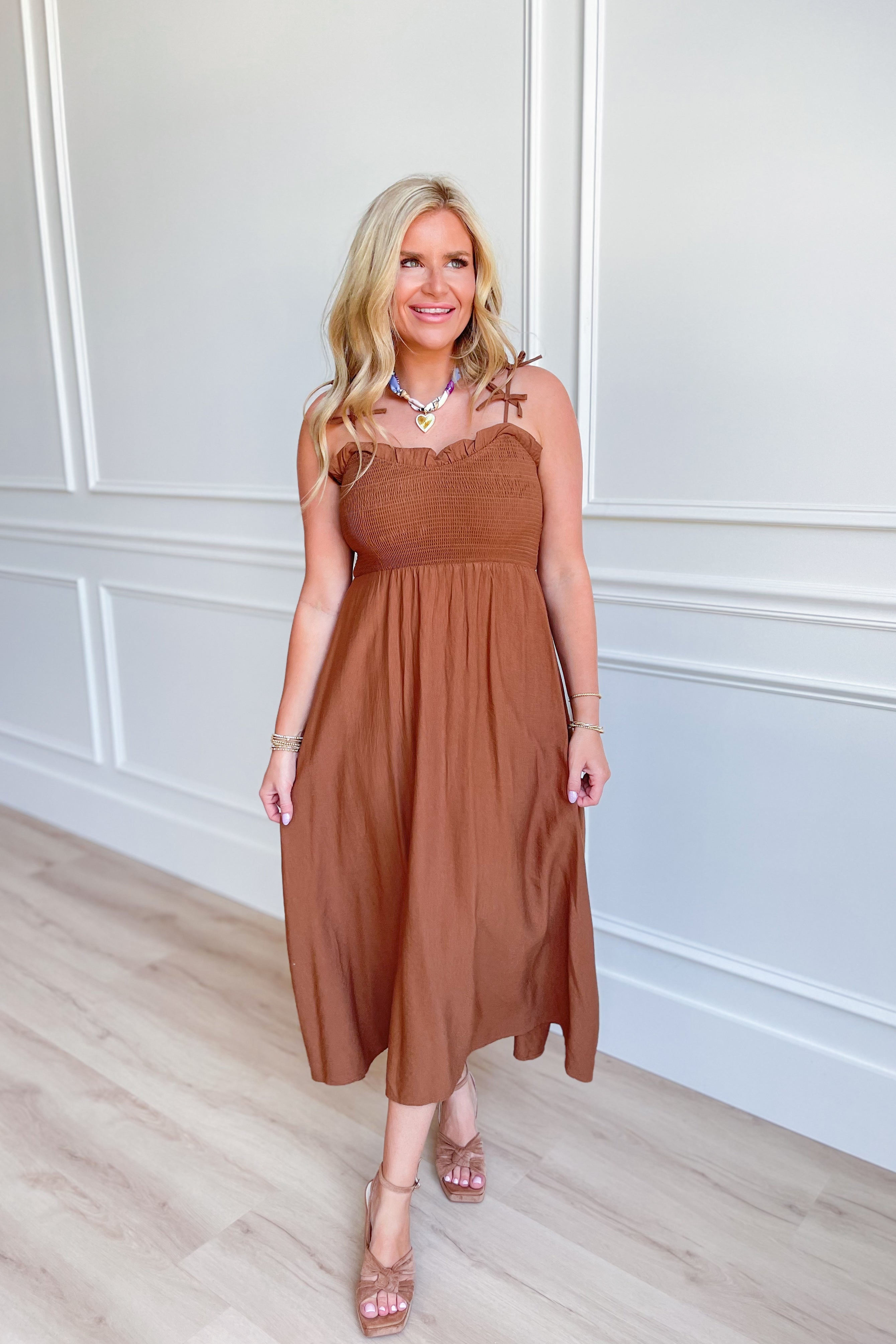 Maddie Smocked Bow Strap Midi Dress - Be You Boutique