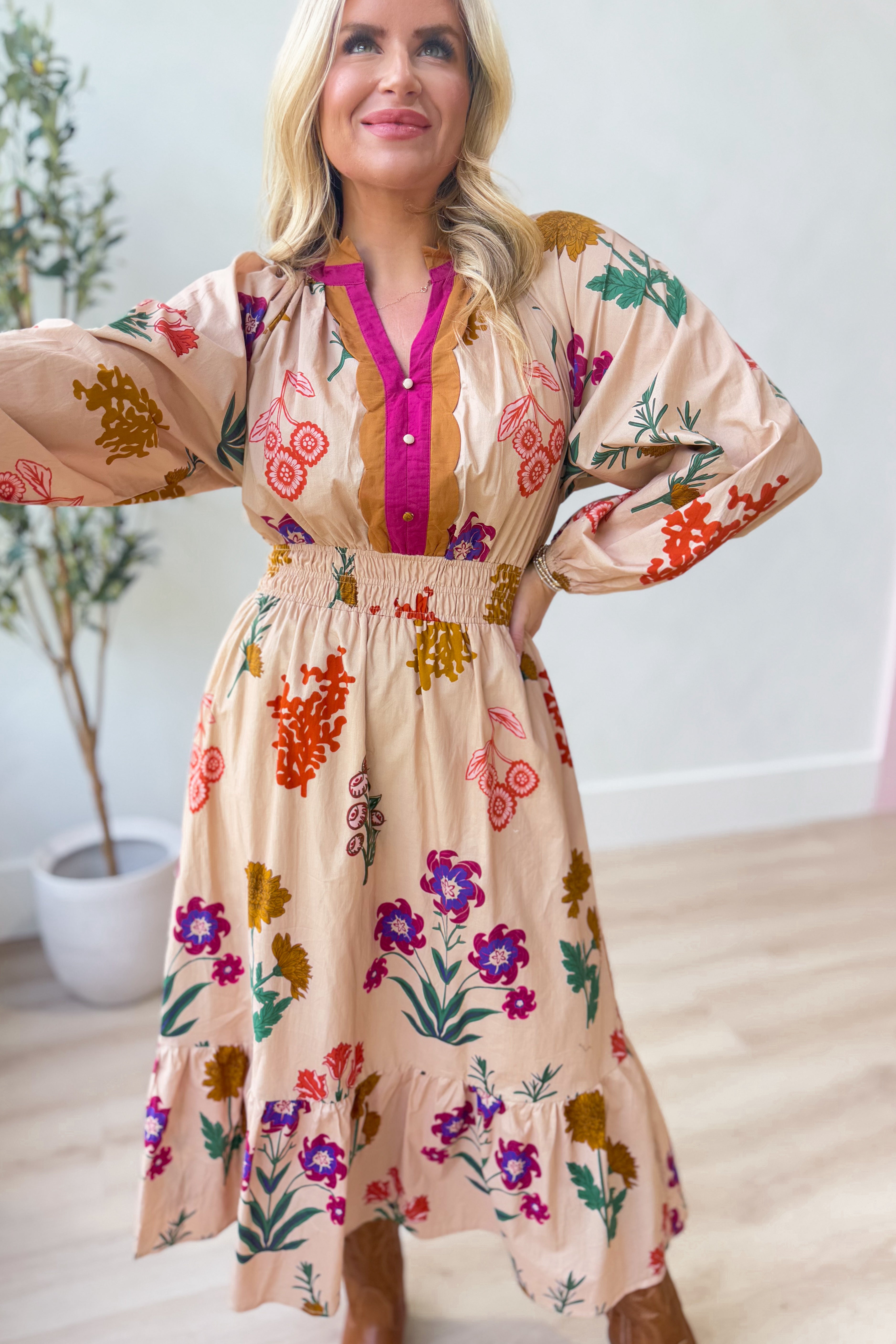 London Floral Printed Smocked Waist Midi Dress - Be You Boutique