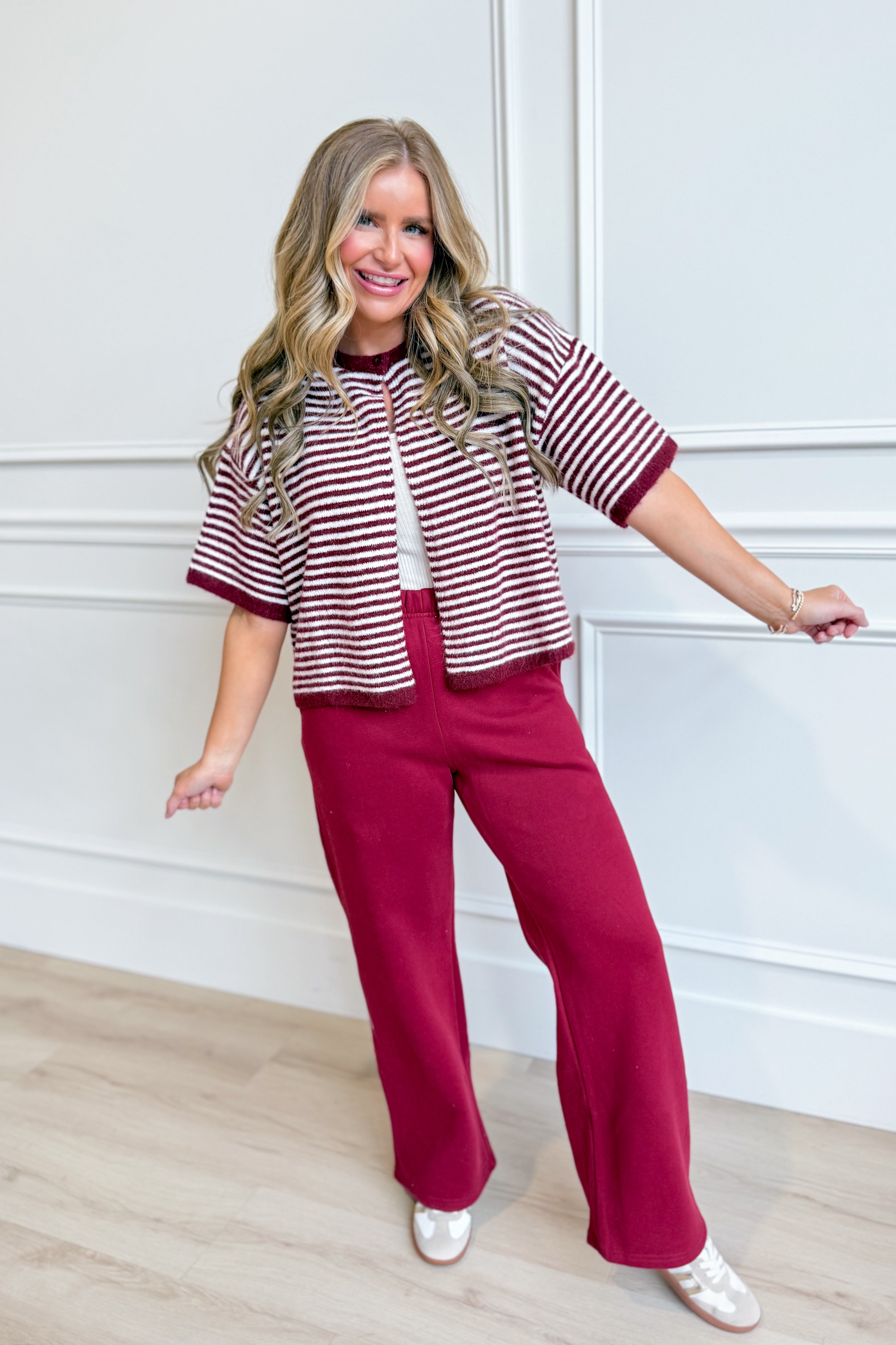 TWENTIFOURTH Morgan Merlot short sleeve striped sweater top, 132 fall sweater, featuring a cozy knit design and vibrant merlot color.