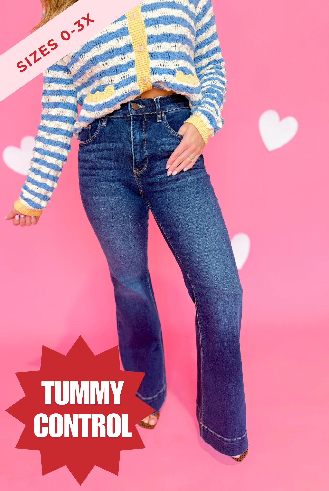 Risen Linus high-rise tummy control flare jeans in dark wash, featuring a fitted waist and wide leg openings.