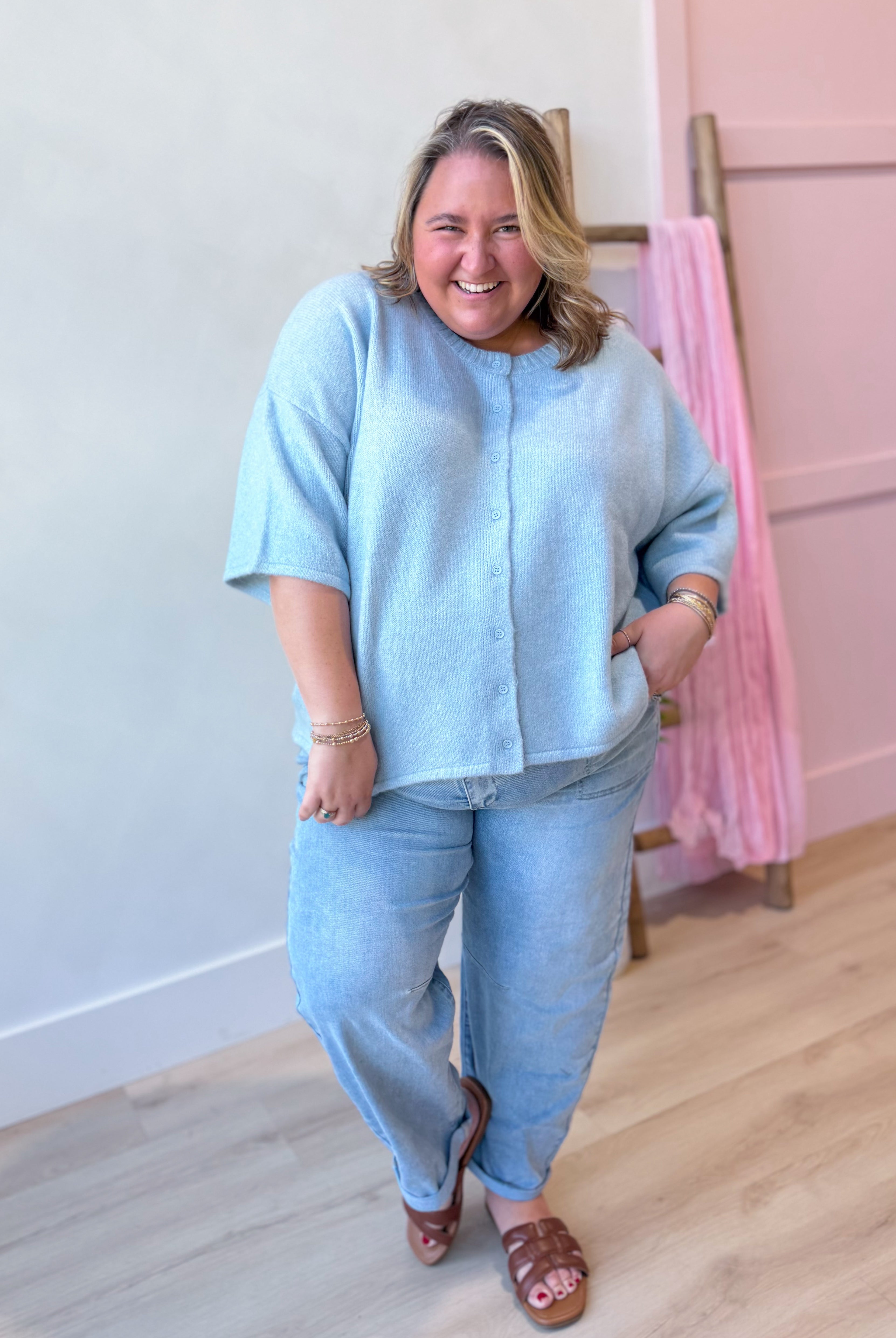 Baevly Lauren button-down cardigan top in a spring sweater style, shown in a soft, light-colored fabric with button details.