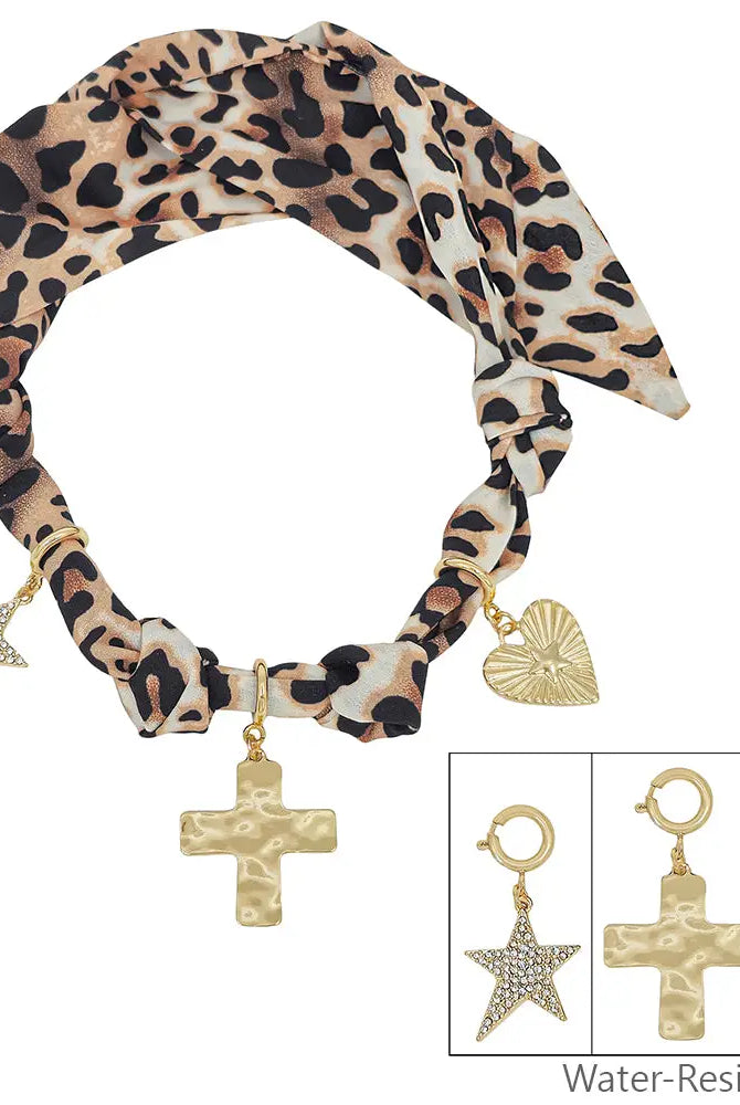Cheetah Print with Heart, Cross and Star Charm Scarf Necklace - Be You Boutique