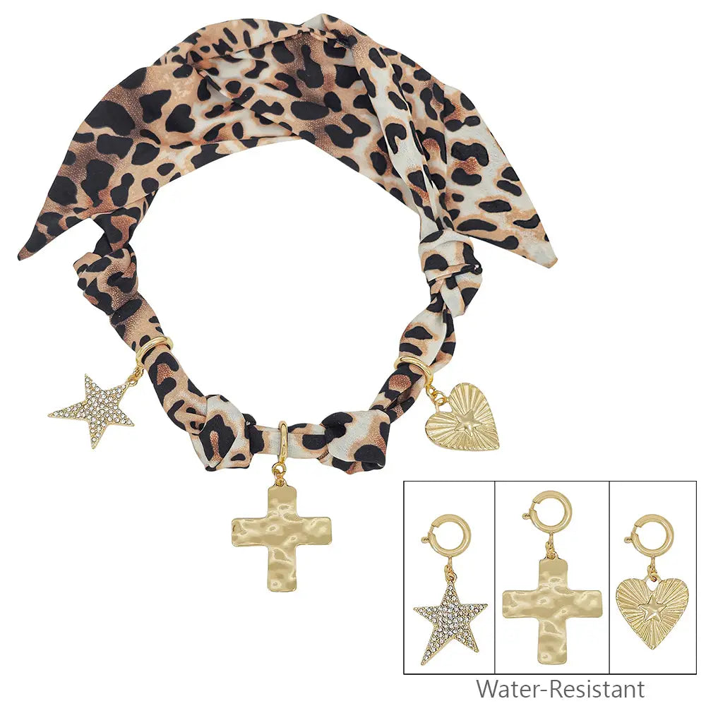 Cheetah Print with Heart, Cross and Star Charm Scarf Necklace - Be You Boutique