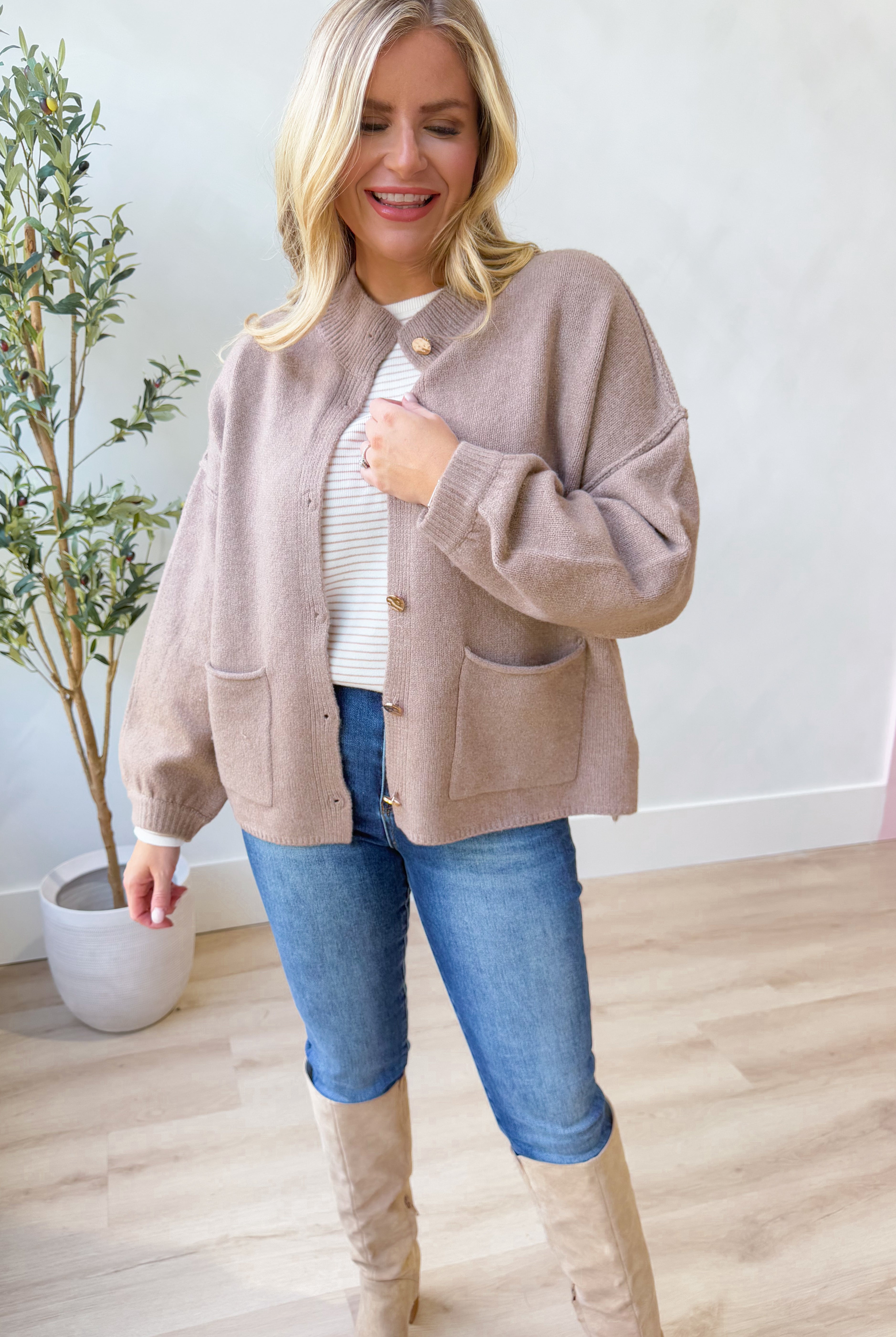 Kris Long Sleeve Gold Hammered Button Cardigan - Be You Boutique