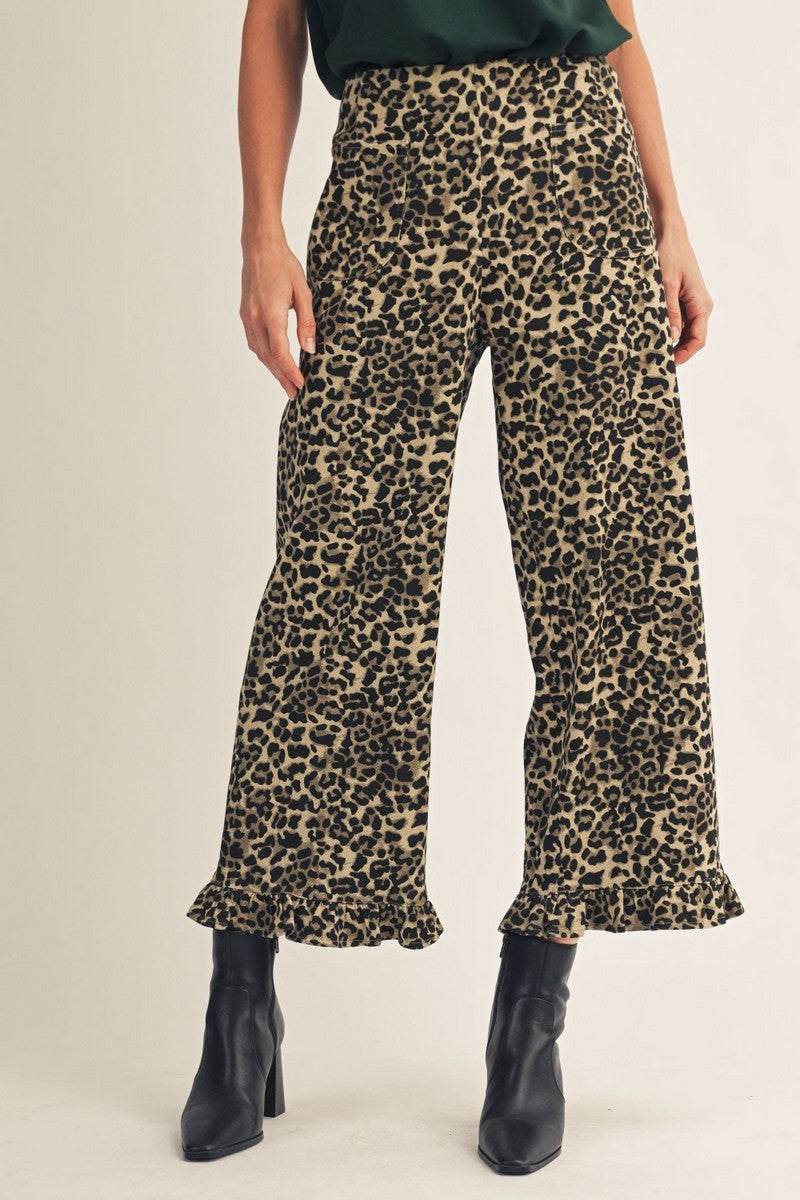 JODIFL Alexander Leopard Ruffle Hem Pant, stylish 156 pants featuring leopard print and ruffle hem detail.