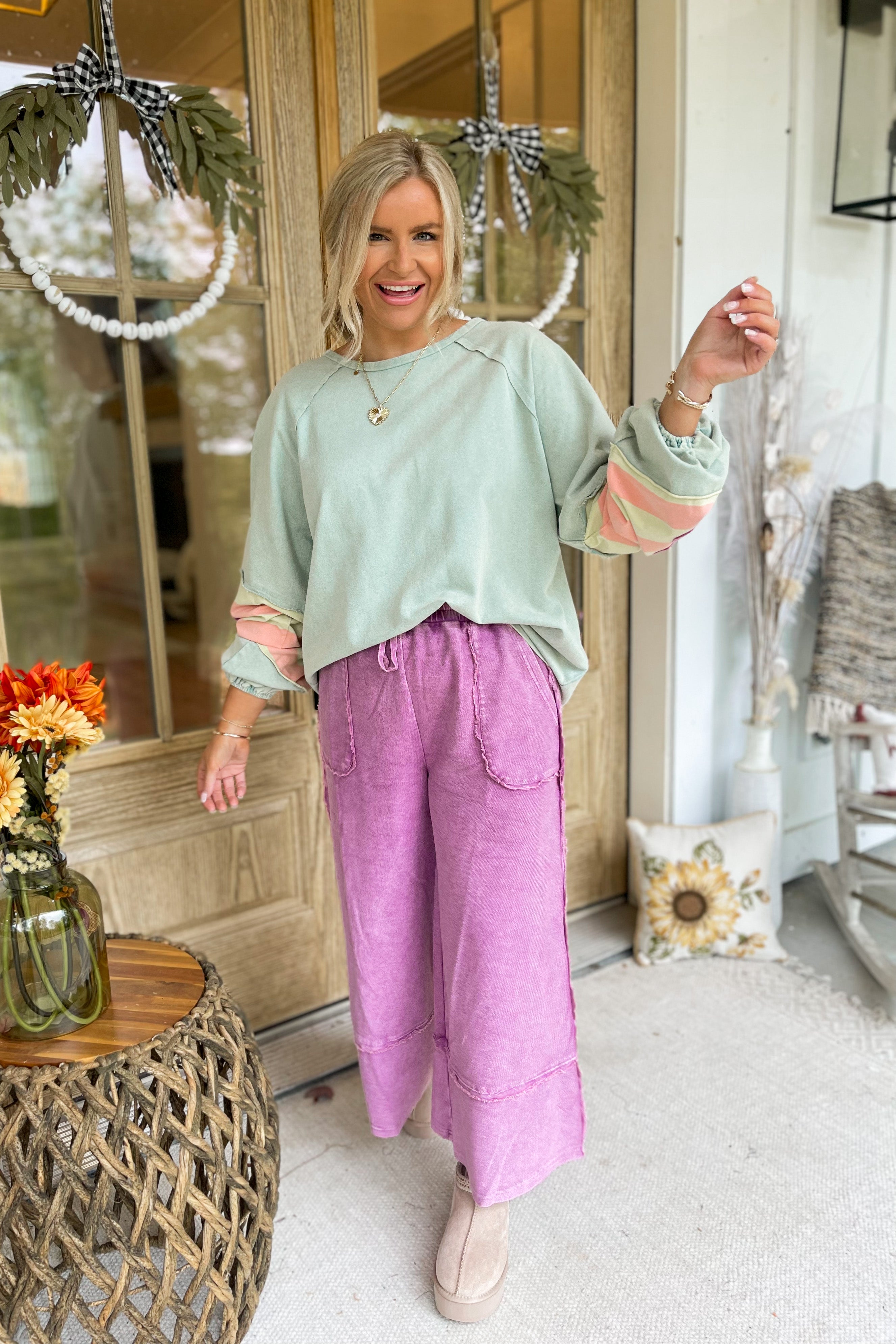 EASEL Caris Mineral Washed Terry Knit Wide Leg Palazzo Pants in natural stone color, upside down style, size S to 3X.