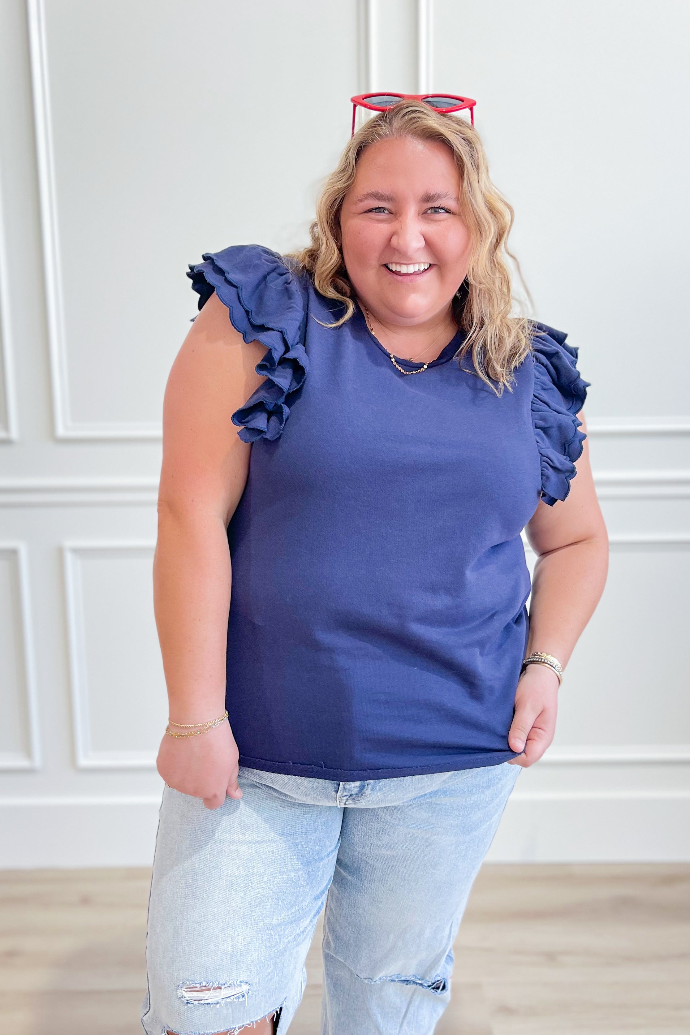 Lacy French Terry Ruffle Sleeve Top - Navy - Be You Boutique