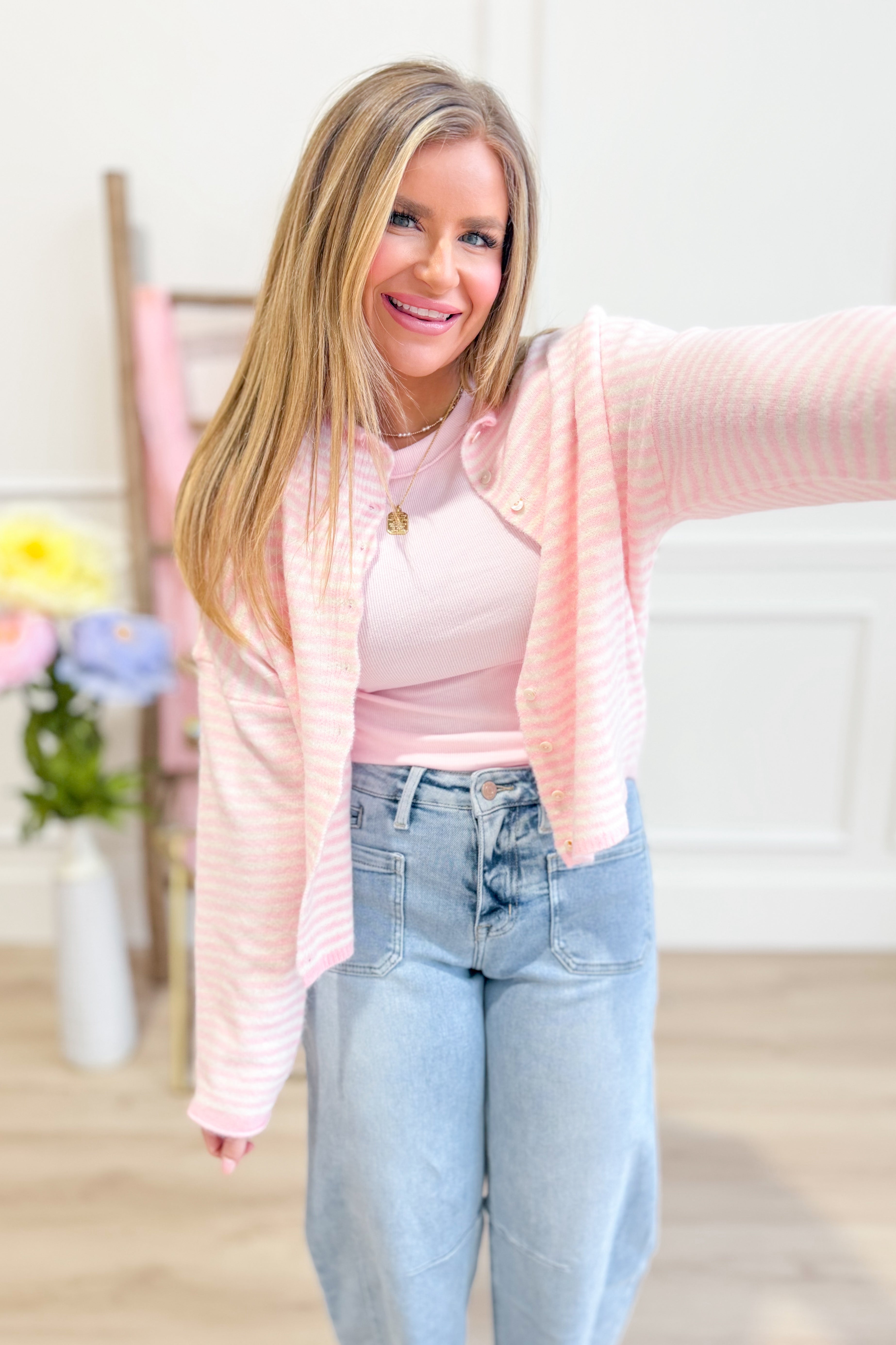 Olivia Pink Mini Striped Cardigan - Be You Boutique