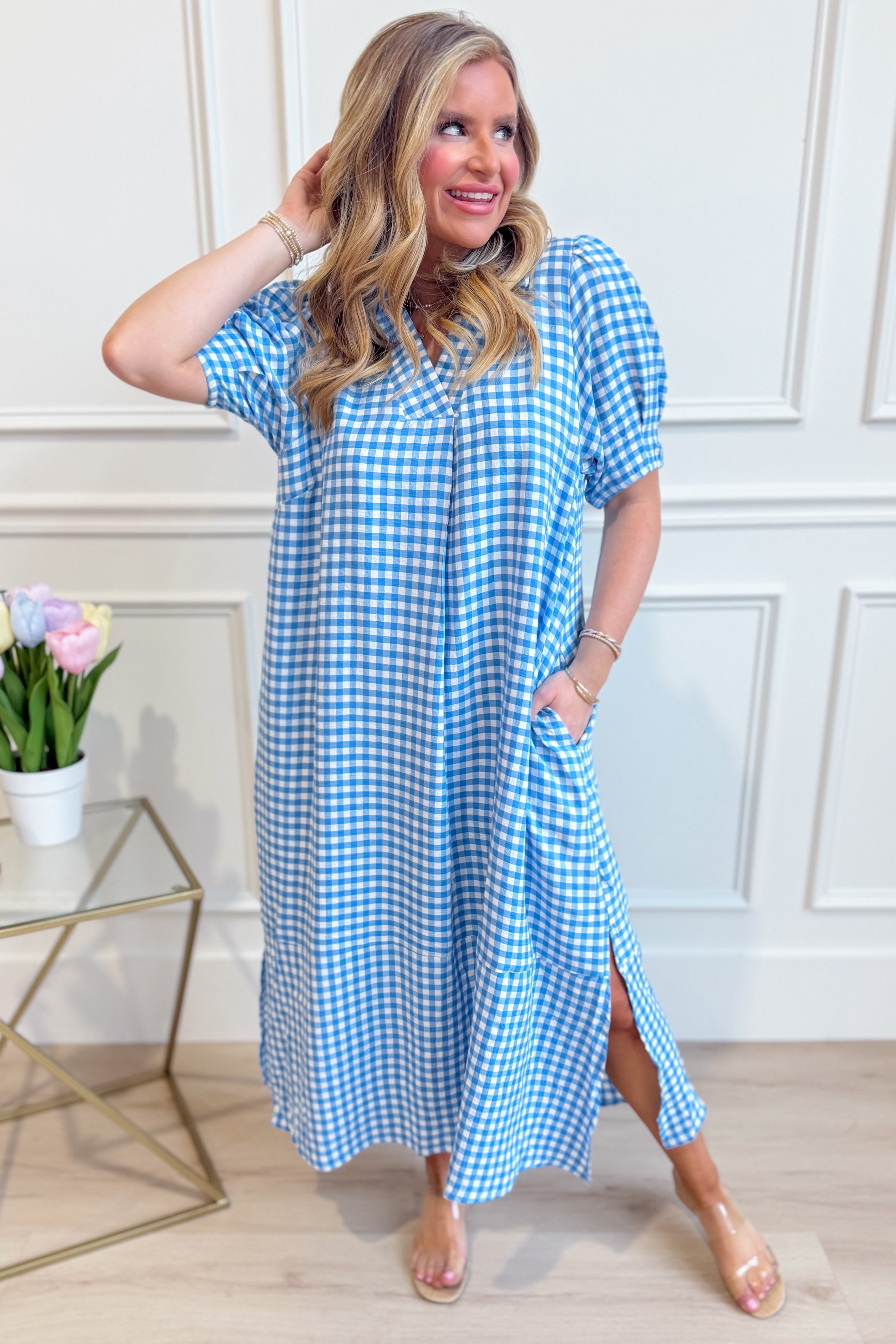 UMGEE USA Tonya plaid printed midi dress with long sleeves and a fitted waist, showcased on a model against a neutral background.