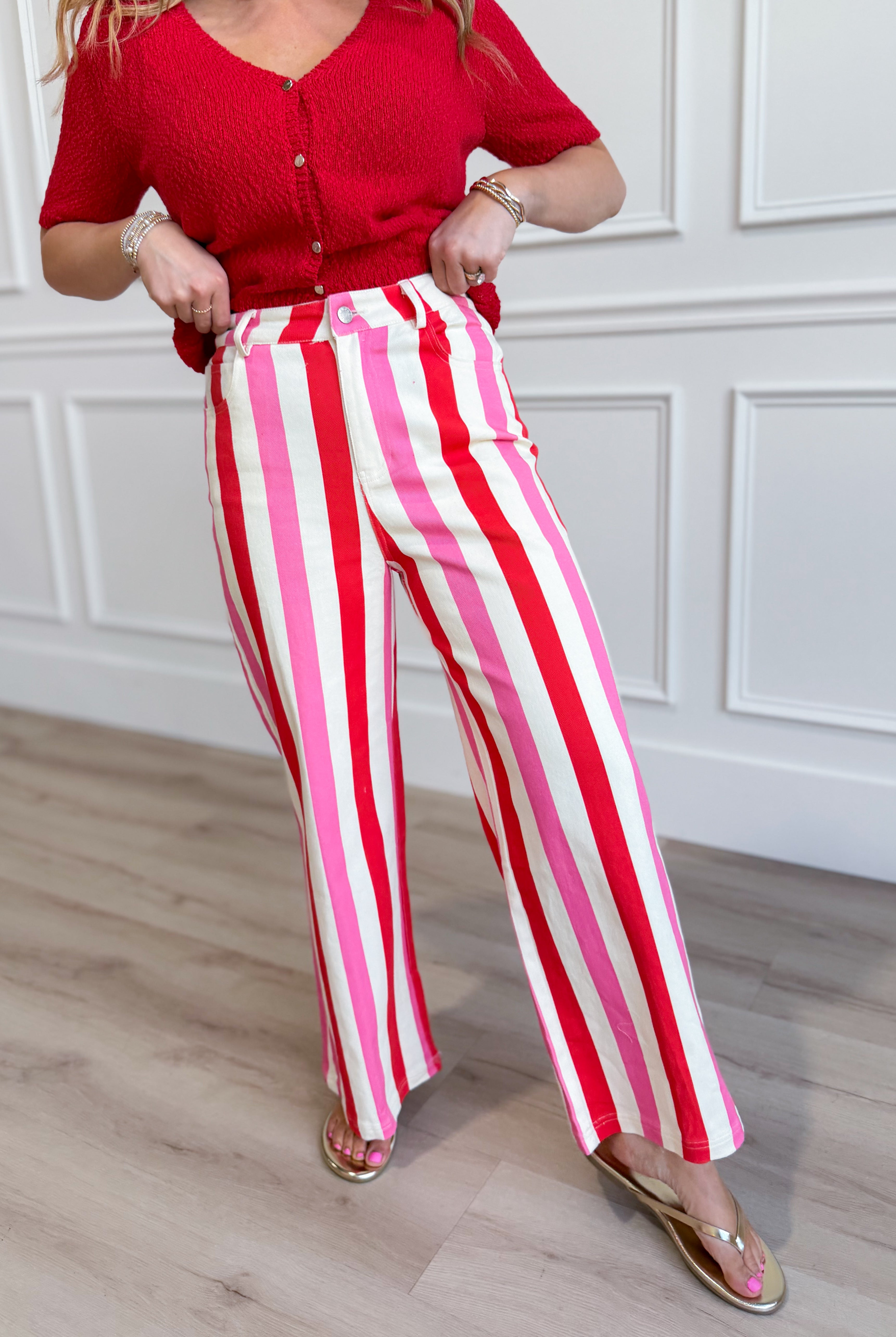 ENTRO Posie Pink Striped Straight Leg Pants from 147 Novelty Jeans collection, featuring pink and white stripes and classic fit.