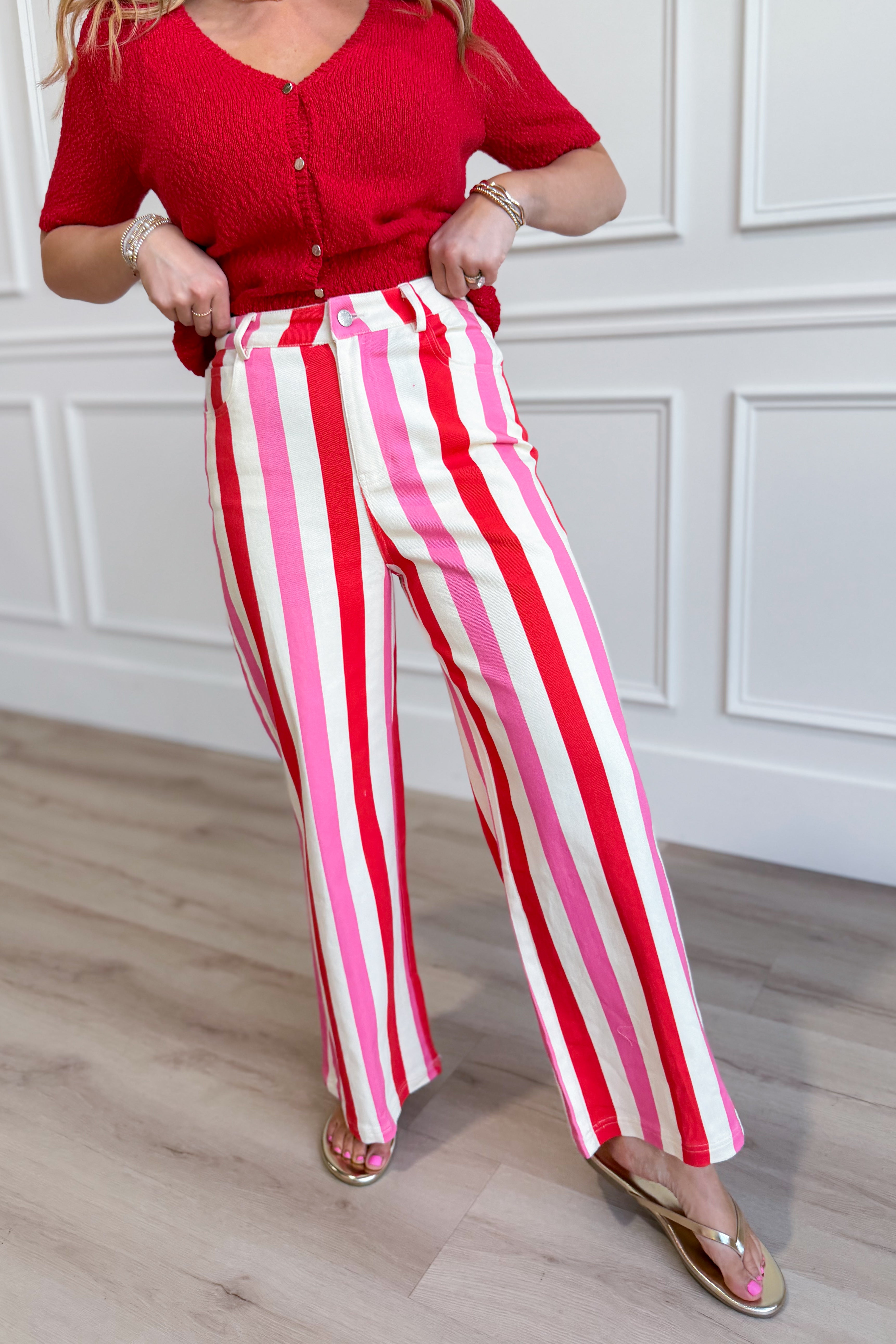 ENTRO Posie Pink Striped Straight Leg Pants from 147 Novelty Jeans collection, featuring pink and white stripes and classic fit.