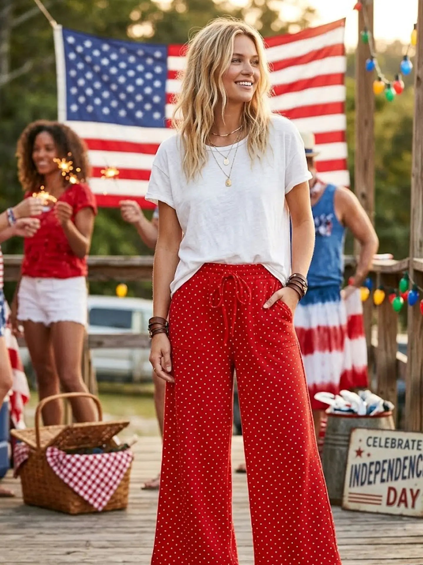 SEWN AND SEEN Benny red polka dot wide leg pants with high waist and flowing silhouette, styled on a model.