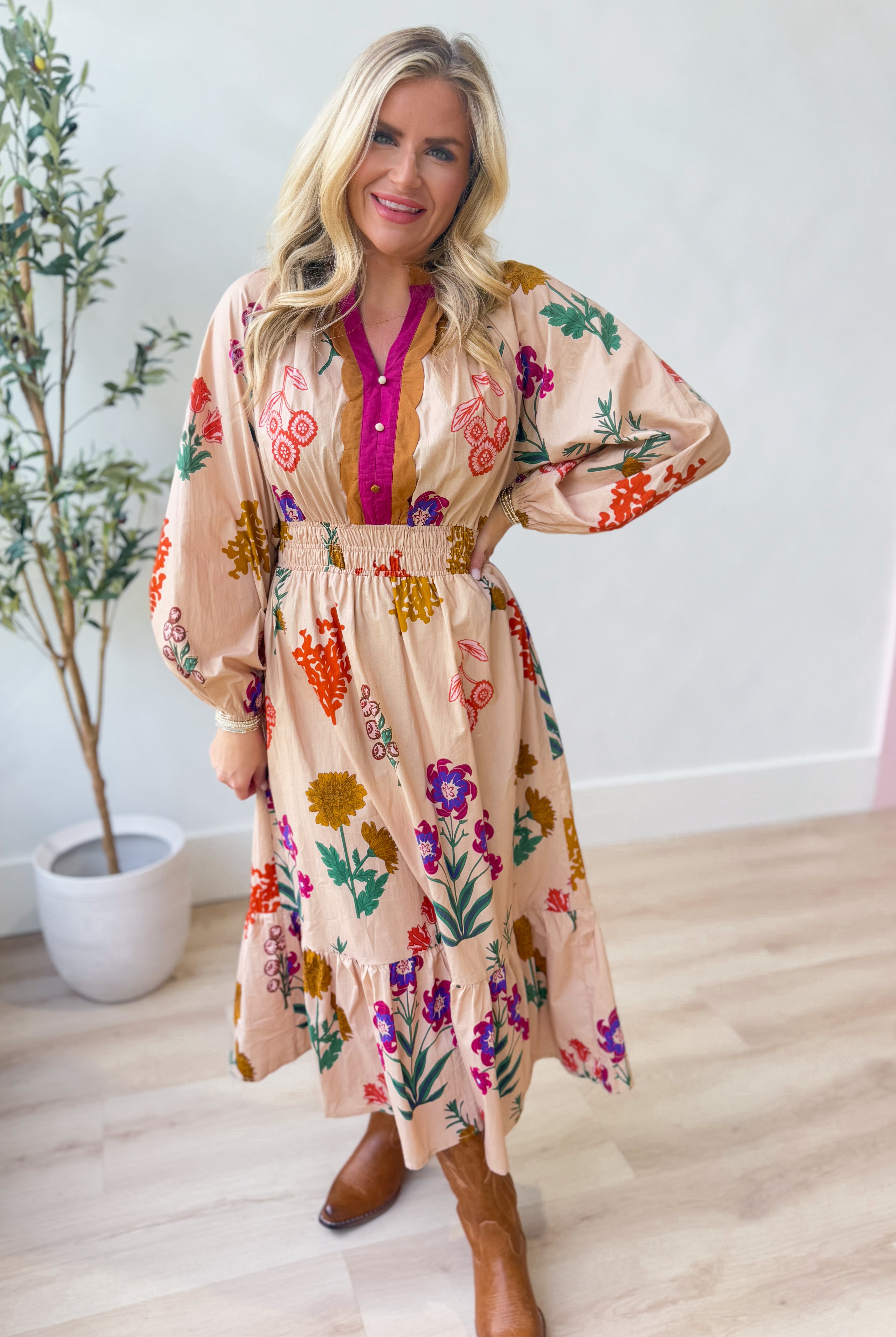 London Floral Printed Smocked Waist Midi Dress - Be You Boutique