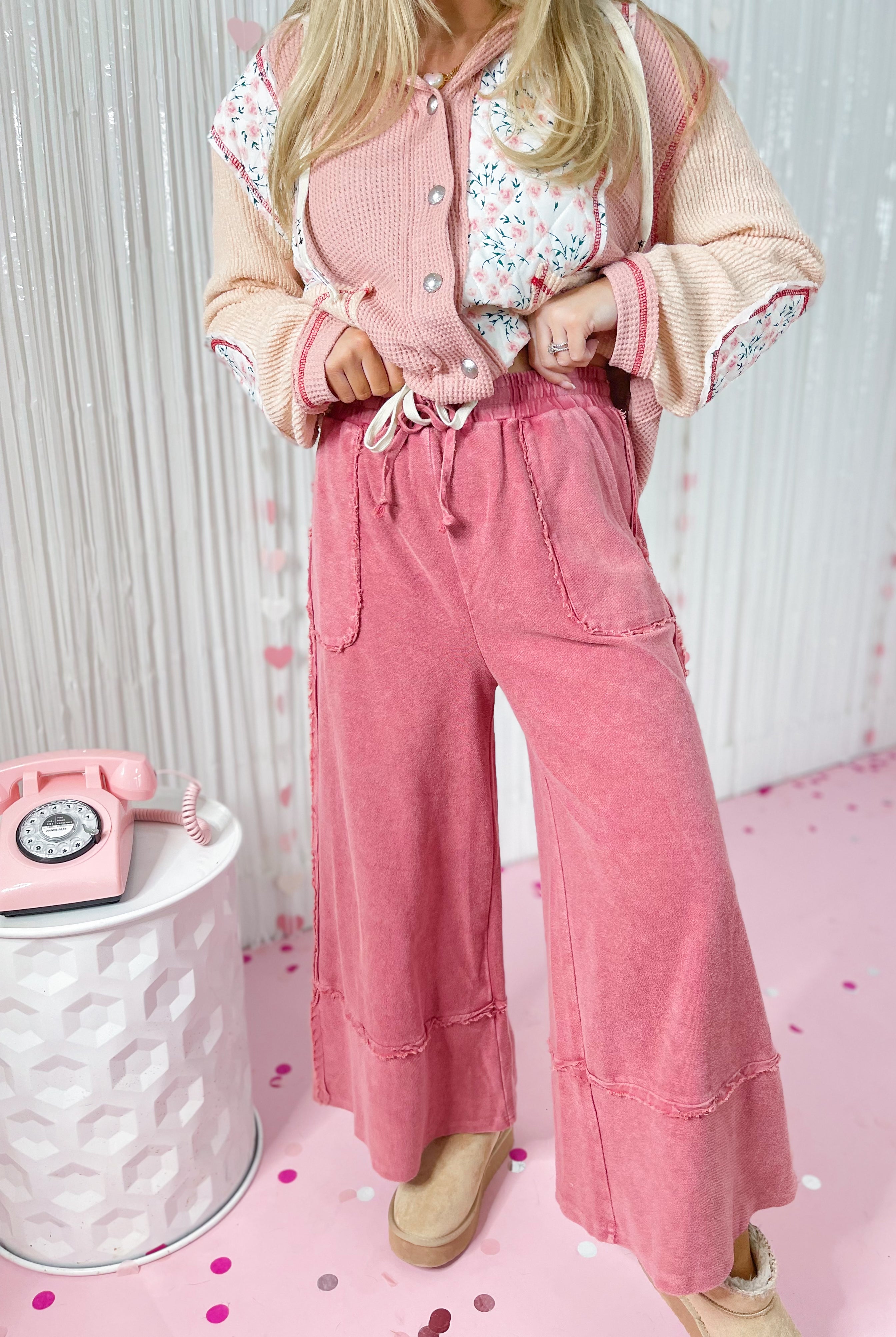 Caris Mineral Washed Upside Down Terry Knit Wide Leg Palazzo Pants - Be You Boutique